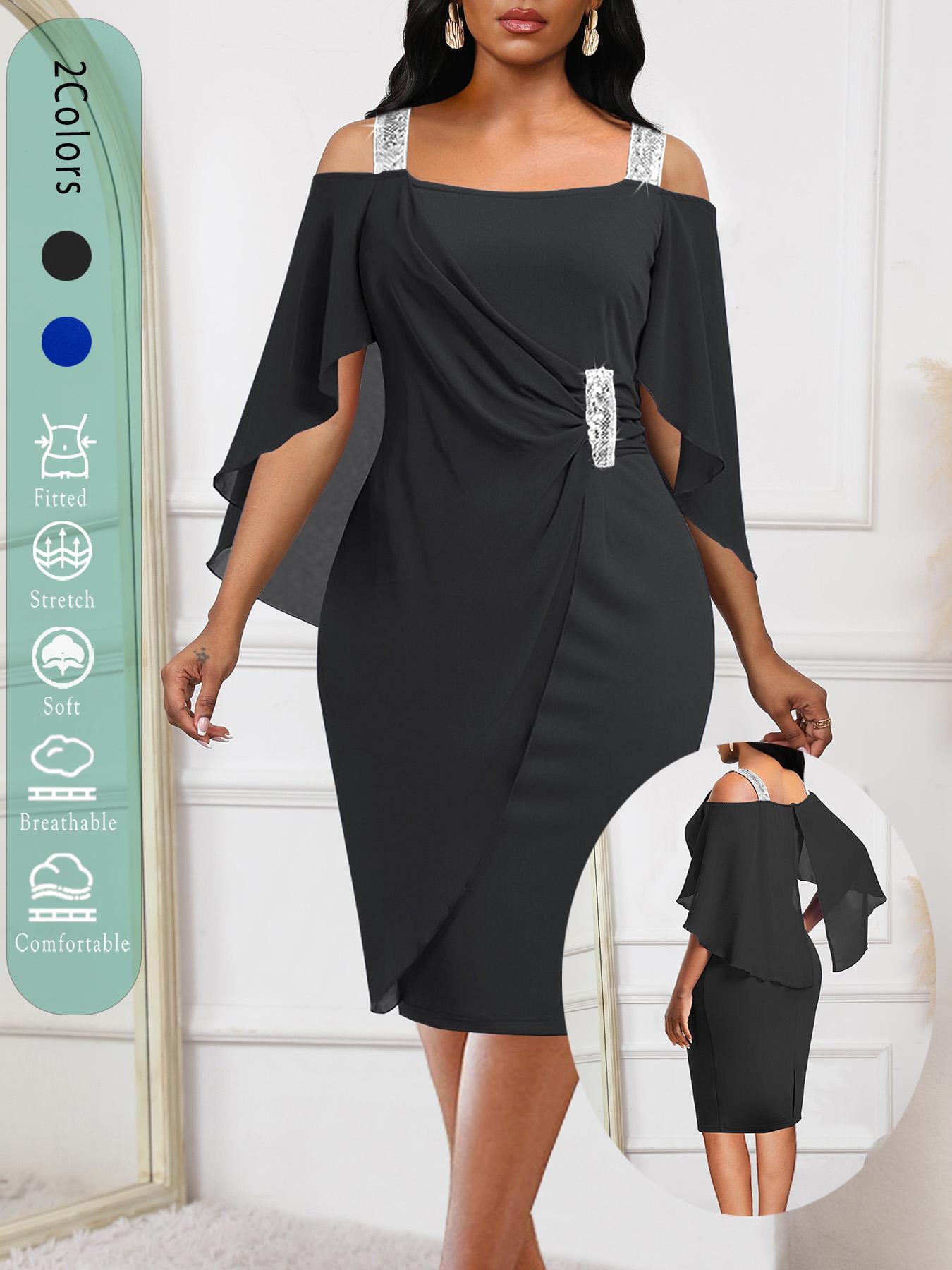 Women's Elegant Bodycon Short Dress, Chiffon Sleeves, Lace Sequins Shoulder Straps, Perfect for Special Occasions