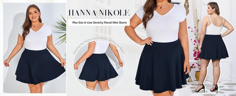 【S-XL&16-28W】Hanna Nikole Women Plus Size Casual Mini Skater Skirt Elastic Lining High Waist Basic Flared Skorts Pleated with Pocket #TikTokShopBacktoSchool
