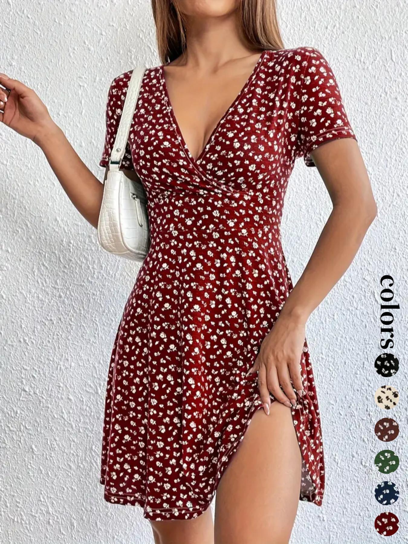 Women's Ditsy Floral Print V Neck Wrap A Line Dress, Boho Fashion Short Sleeve Short Dress Casual Boho Bohemian for Daily Holiday Vacation Wear, Frenchy Style Ladies Dress for Summer