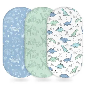Baby Bassinet Sheets Girl Boy, ted Bassinet Sheet Set 3 Pack Bassinet Mattress Sheets Universal   Rectangle, Round, Oval, Hourglass Mattress, Soft Breathable Green & Blue Dinosaur