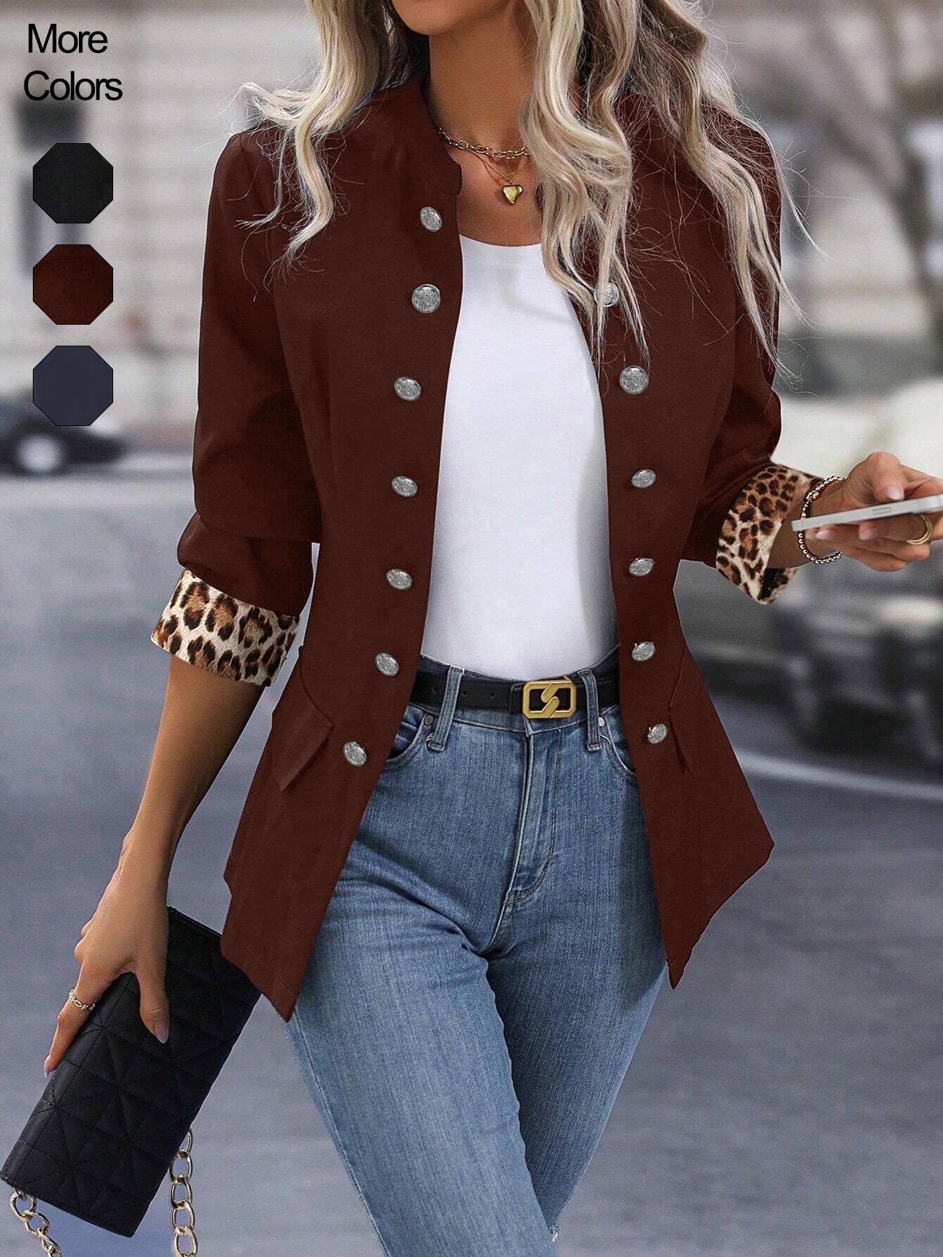 Women's Fashion Casual Double Button Blazer Jacket Coat, Stylish Outerwear for Ladies, Perfect for Daily Wear & Office Use