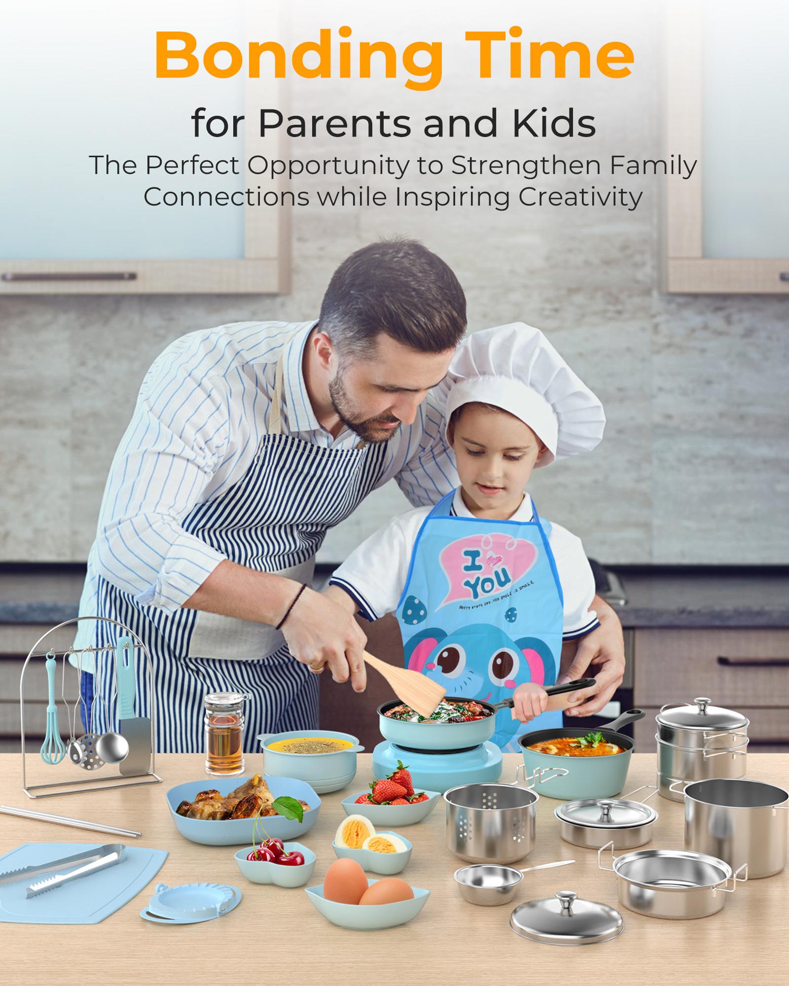 Real Kids Cooking Set Ages 8–12 (Pink/Blue) – Mini Kitchen Beginner Cooking Kit, Montessori Life Skills Toy Gift w/ Safe Knife, Dishes & Tools