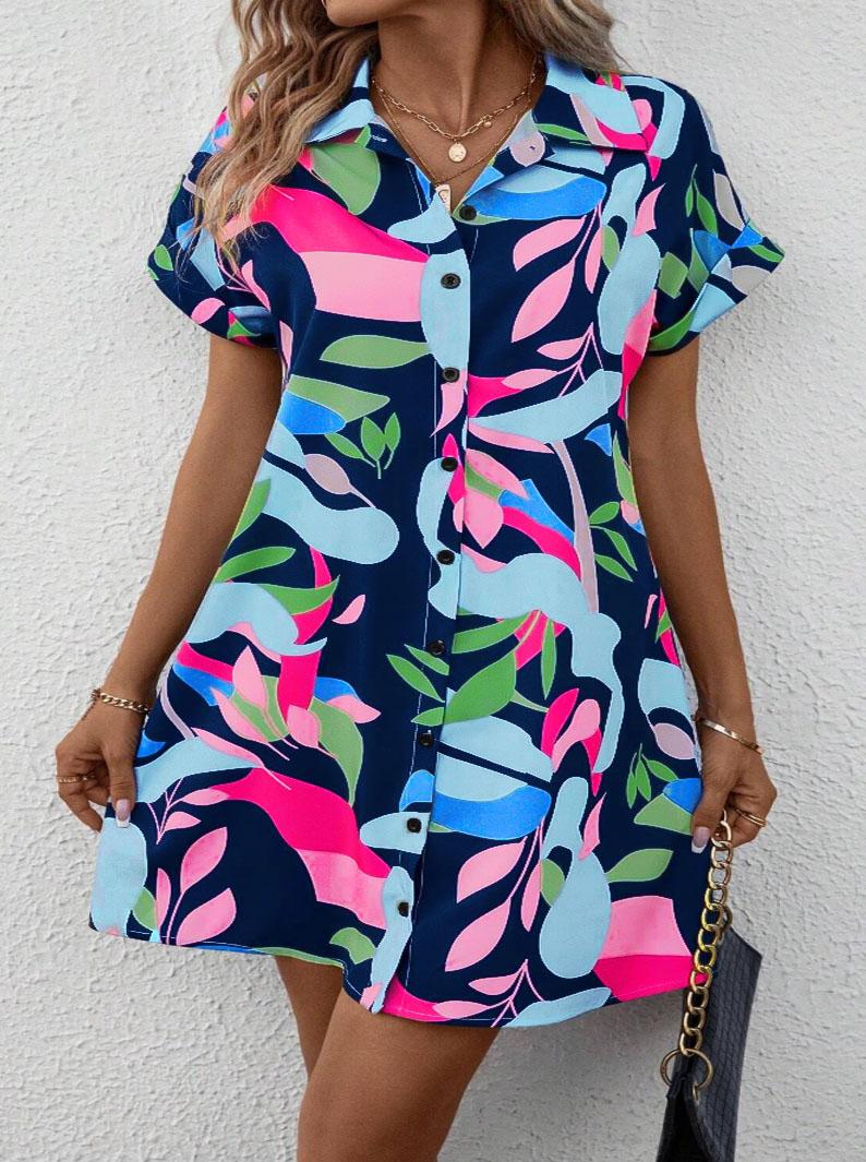 Plus Size Lapel Short Sleeve Shirt Dress, Botanical Print, Loose Curvy Friendly Mini Dress