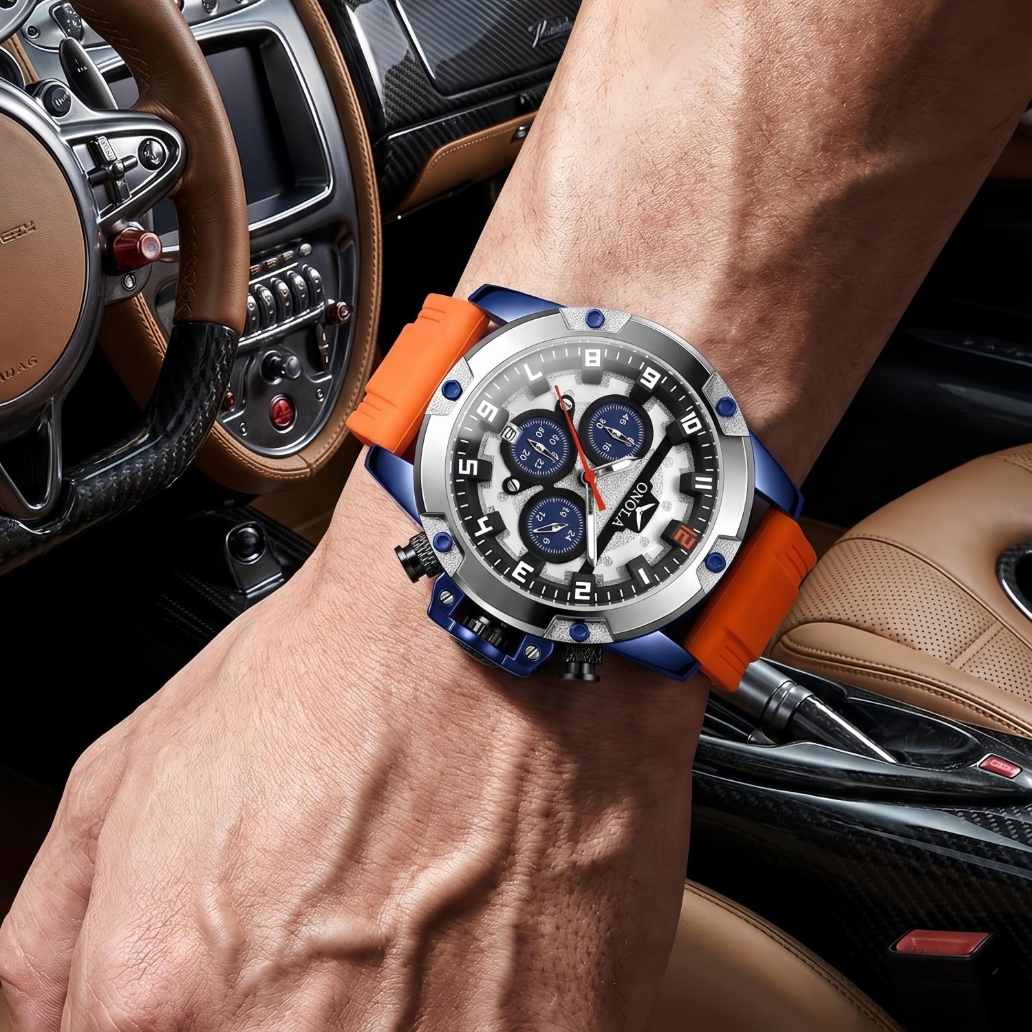 ONOLA Men Quartz Watch Round Triple Dial Chronograph Wrist Watches, Fashionable and Trendy Business Watch, Luminous Sports Watches, Metal Case with Silicone 30-Meter Water-Resistant Watch, Outdoor Casual Men's Watch, Perfect for Holiday Gifts