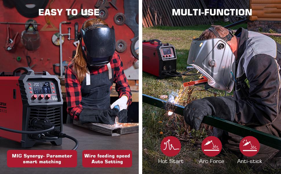 ARCCAPTAIN MIG200 MAG Welding Machine 200 Amps, 6 in 1 Fully Synergic Welding Machine Flux Cored/MIG Inert Gas Welding Machine/MMA/Lift TIG/Spool Gun MIG/Spot Welding, IGBT Inverter 230V
