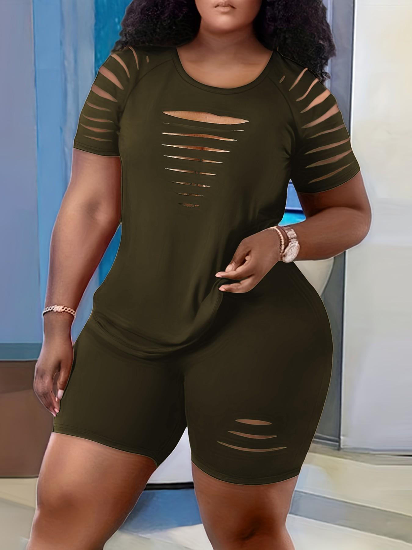 Plus Size Women's Ripped Design Sporty Round Neck Short Sleeve T-Shirt + High Waist Sporty Shorts, Casual Fashion Set, Street Style Sports Recommendation
