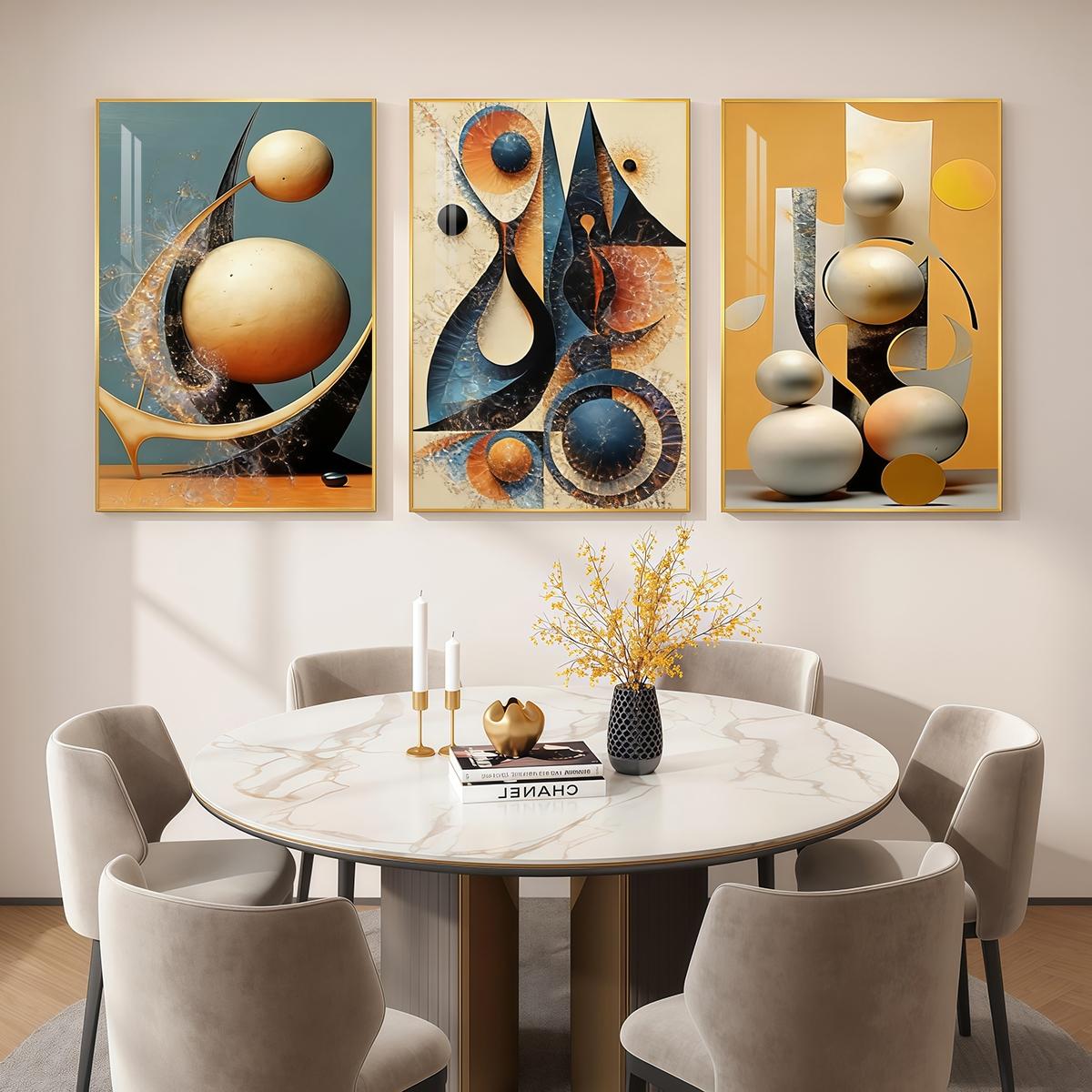 3 Counts Aluminum Alloy Framed Painting, Abstract Geometric Shapes And Spheres Art Pictures, Home Decoration For Living Room, Bedroom, Office, Restaurant, Hallway Wall Decor, Odorless Print Artwork, Luxury Perfect Gift For Friends And Family