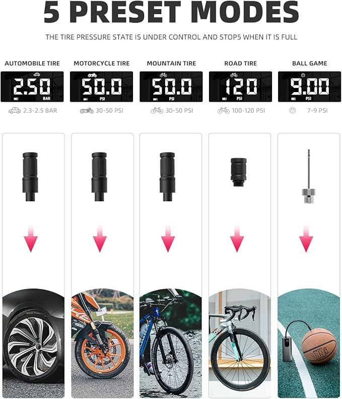 ROCKBROS Portable Air Pump 150PSI Mini Electric Tire Pump Inflator 5 Modes Cordless Air Compressor with 2 * 2600 mAh Rechargeable Lithium Battery Bike Motorcycle Car Tire Pump with LED Light Balls ROCKBROS Portable Air Pump 150PSI Mini Electric Tire Pump Inflator 5 Modes Cordless Air Compressor with 2 * 2600 mAh Rechargeable Lithium Battery Bike Motorcycle Car Tire Pump with LED Light Balls