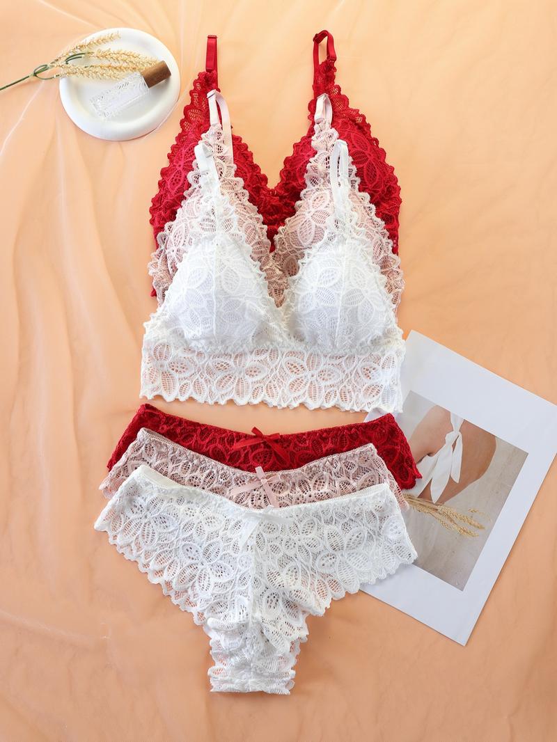Women's Lace Underwear Set, Romantic Adjustable Strap Wireless Bra & Bow Decor Panty Set, Women's Lingerie Set Women's Lace Underwear Set, Romantic Adjustable Strap Wireless Bra & Bow Decor Panty Set, Women's Lingerie Set