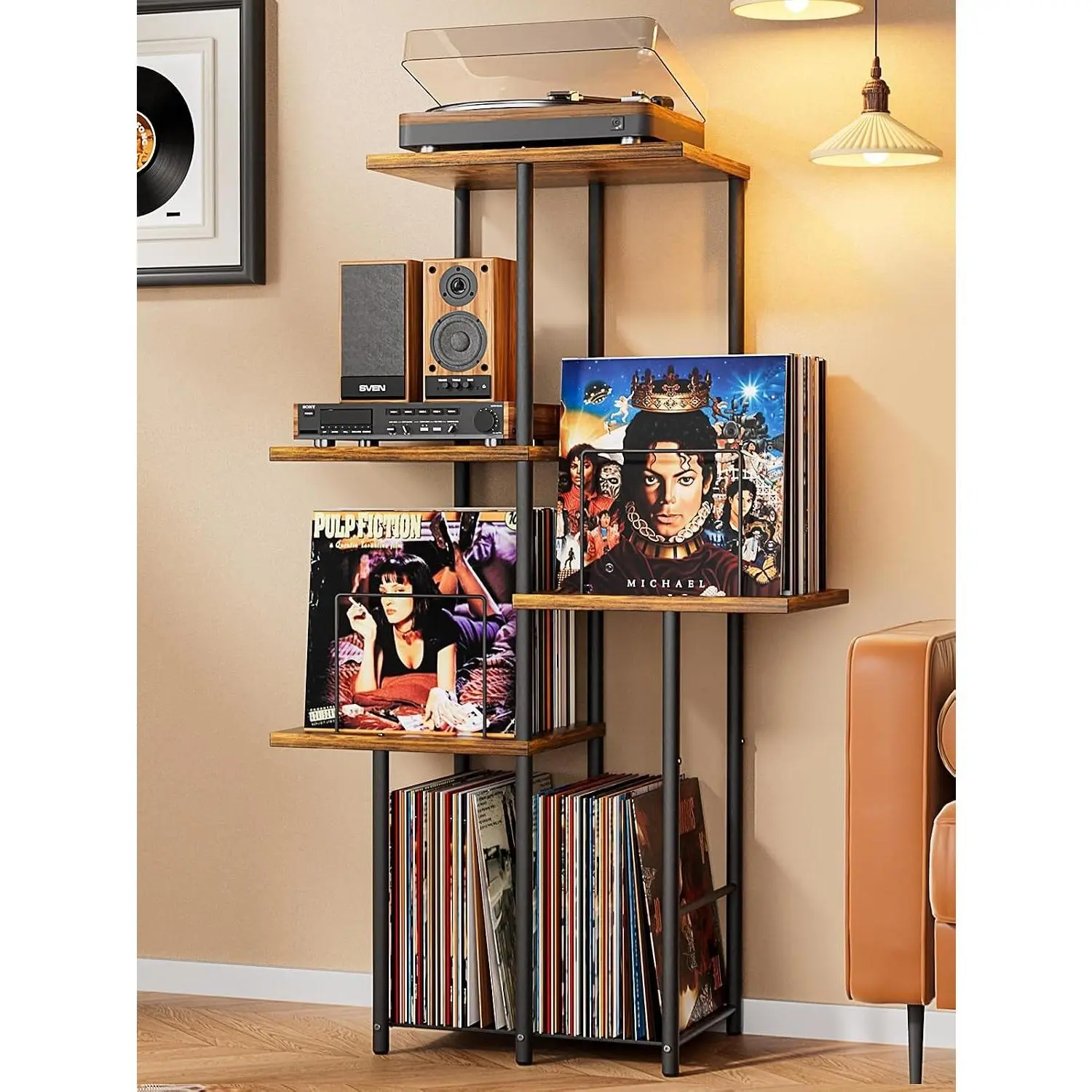 Record Player Stand, Vinyl Record Storage Holder with Display Shelf, Turntable Stand Table with Vinyl Organizer Dividers Album Rack, Vintage Style Record Cabinet Wood, Mid Century Modern Tall Console
