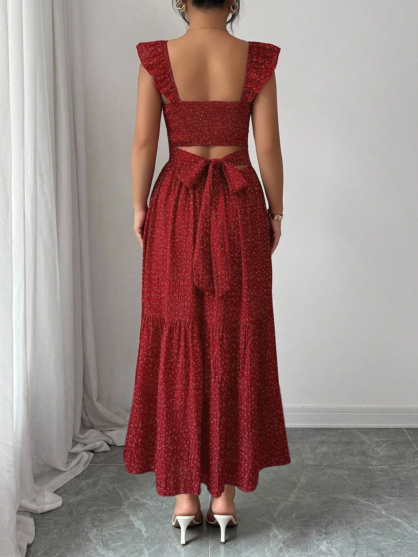 1 Piece Spring & Summer Ruffled Square Neck Polka Dot Maxi Dress , Back Tie Design Retro Sweet Style for Date Nights and Vacation,Waist-Cinching Slimming Romantic Girl Style for Parties and Daily Outings, Casual Wear