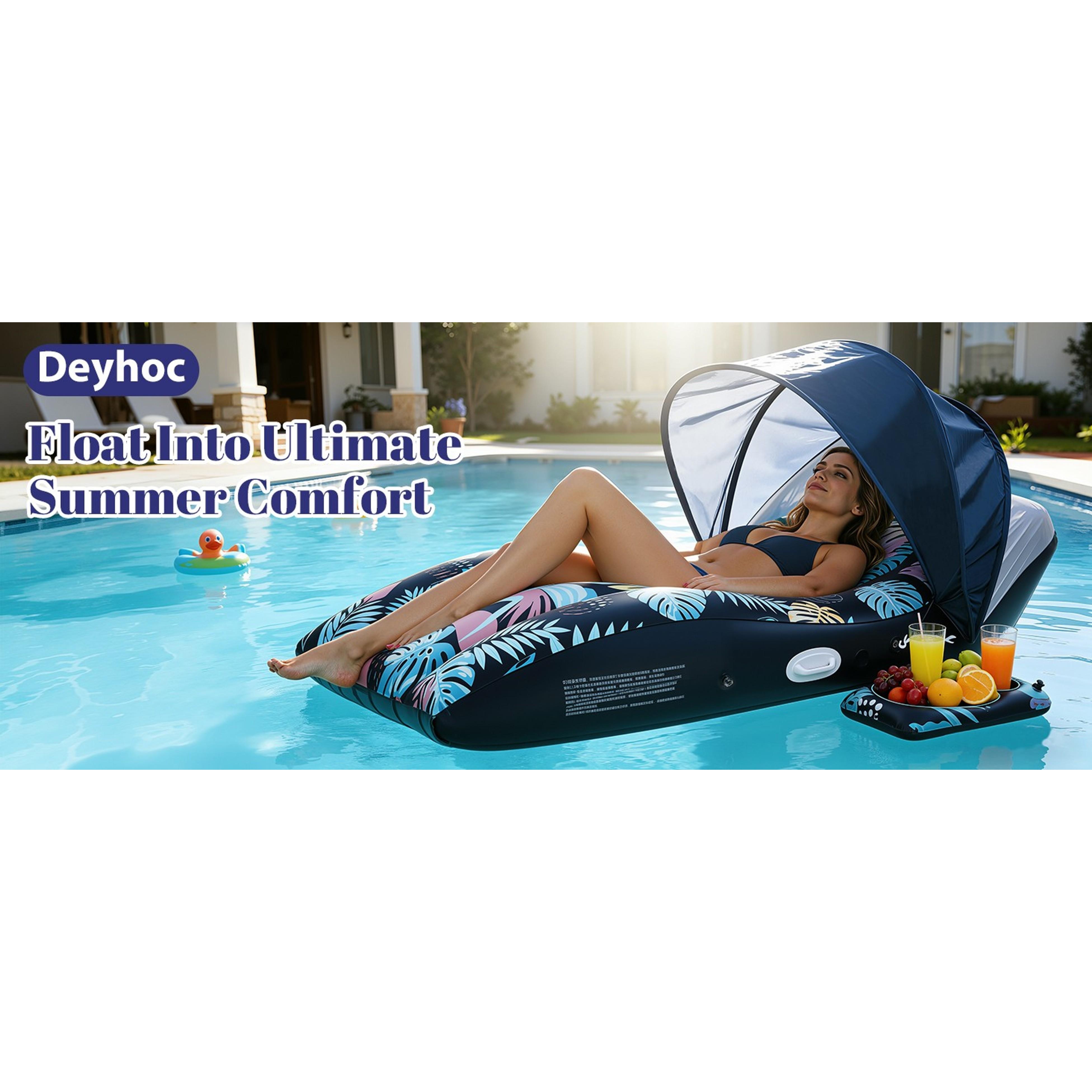 Large-Size Inflatable Floating Chair with UPF50+ Adjustable Canopy, Ergonomic Design, Cup Holder, Ideal for Swimming Pool, Beach