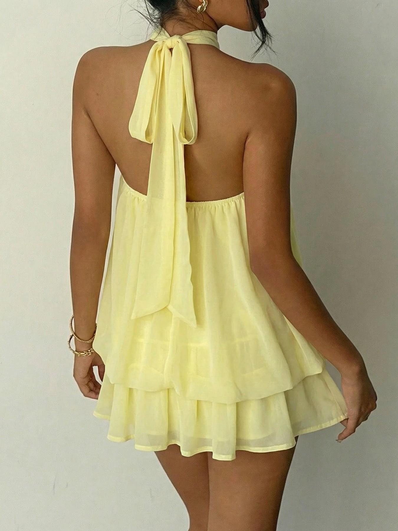 Women's Summer Fashion Party Halter Neck Tie Back Mini Dress, Slim-Fitting Casual Elegant Short Sleeveless Dress for Home Outdoor City Style