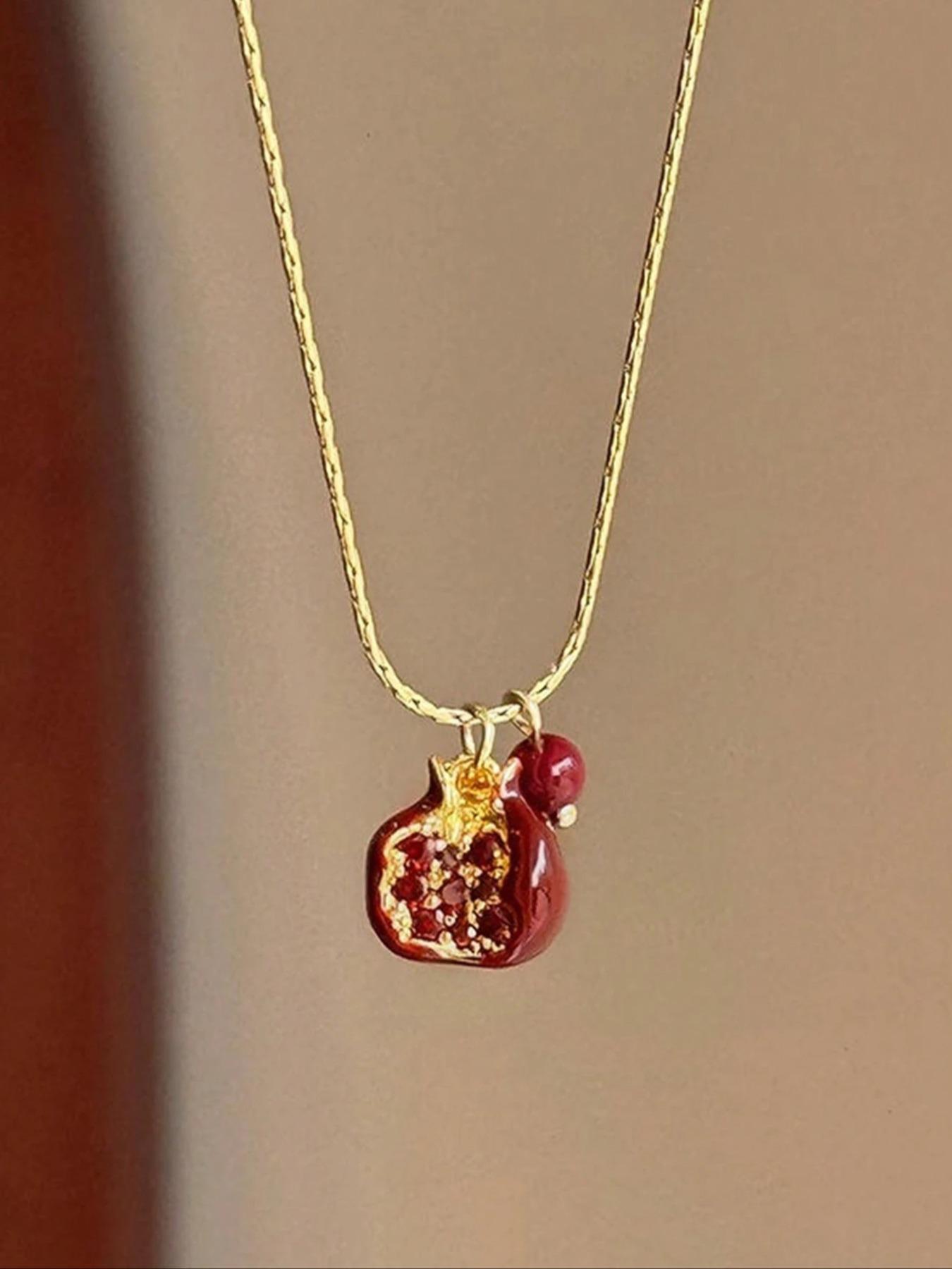 Vintage Style Pomegranate Pendant Necklace, Fashion Elegant Clavicle Chain, Party Jewelry, Daily Wear, Birthday Gift, Stylish Versatile Jewellery, Dainty Boho Necklace, Jewelry Design