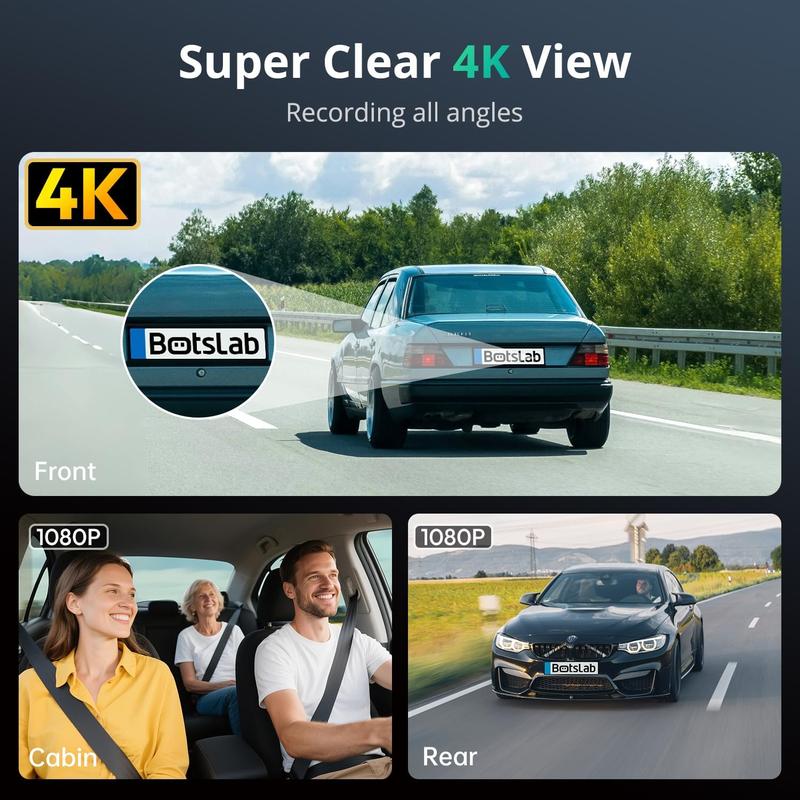 Botslab 4K 3 Channel Dash Cam with 3.18" Touch Screen Night Vision GPS WiFi Voice Control 24/7 Parking Mode 128GB Card