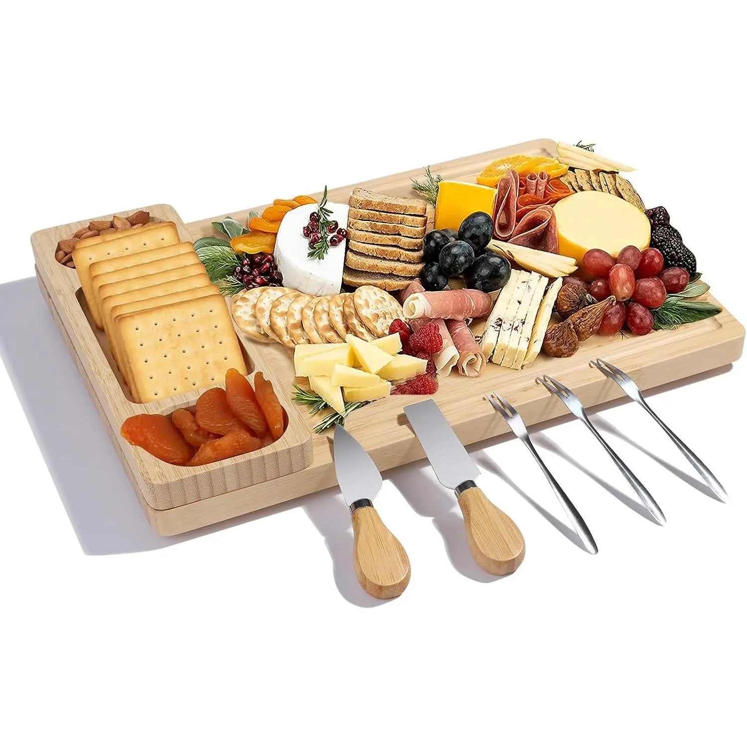 Cheese and Charcuterie Board Set - Large Wooden Serving Tray with   Storage, Cheese  & Forks -  for Cheese, Meats, Fruits - Ideal  for Parties & Holidays