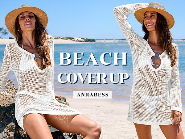 ANRABESS Women Summer Beach Cover Ups Swimsuit Crochet Swimwear Bathing Suit Knit Hollow Out Long Sleeve Pullover Beach Dress