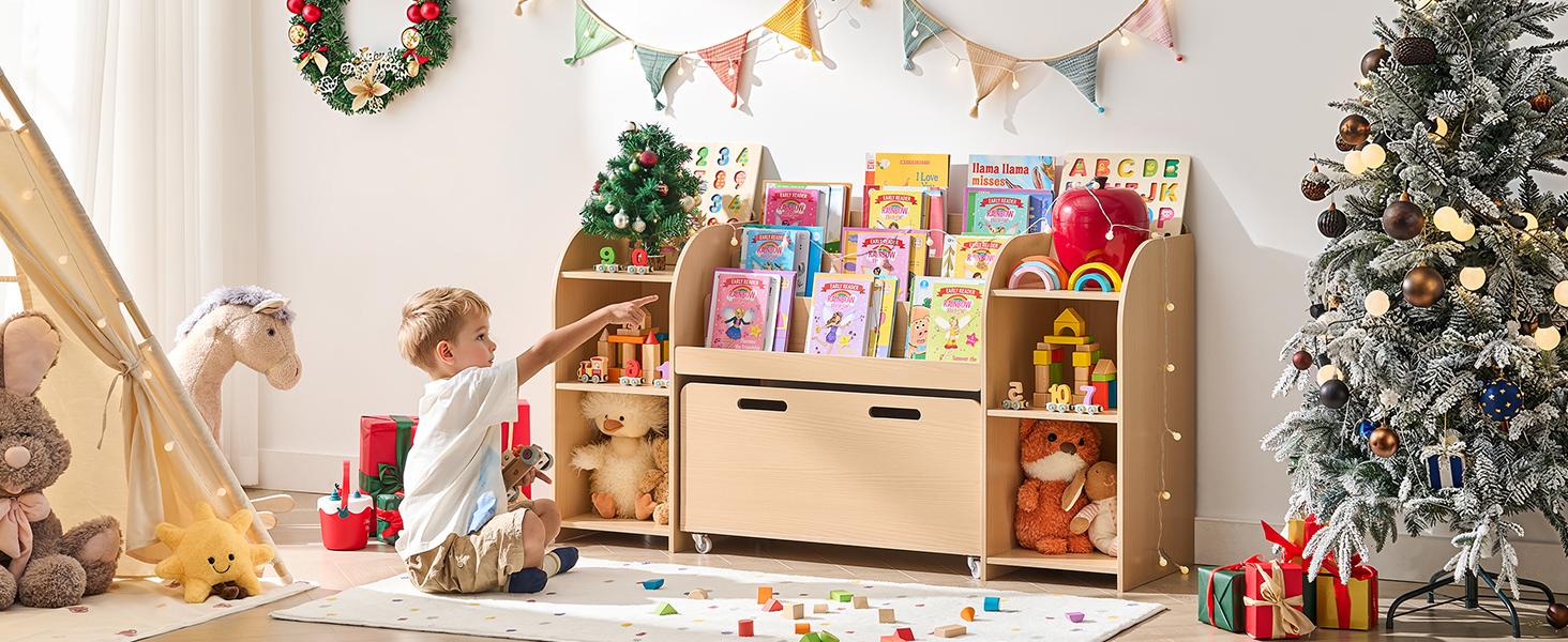 ONBRILL Kids Bookshelf with Reading Nook, 64.5" Toy Storage Organizer with Movable Bench with 3 Storage, Kids Bookcase with 3-Tier Bookshelf, 6 Storage Cubbies, Toy Box & Chest for Bedroom, Playroom