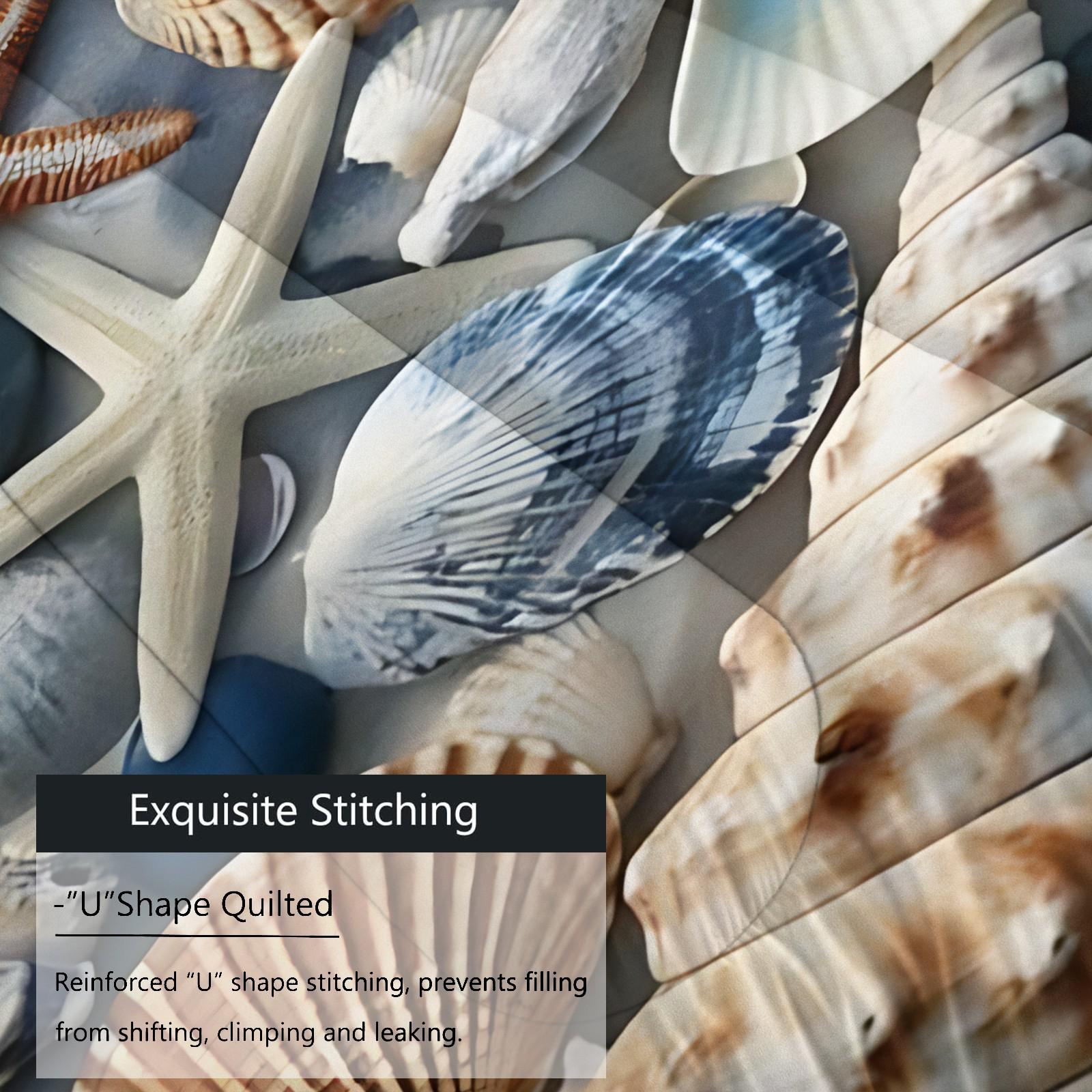 Seashell & Starfish Comforter Set-with Silk-Cotton Filling, Coastal Beach Themed Bedding Set, 3D Digital Print Bed Set with Includes 1/2 Pillowcases - without Core, Soft Microfiber Bedding, All Season Cozy Quilt for Beach Lover Bedroom Decor Bedding Set