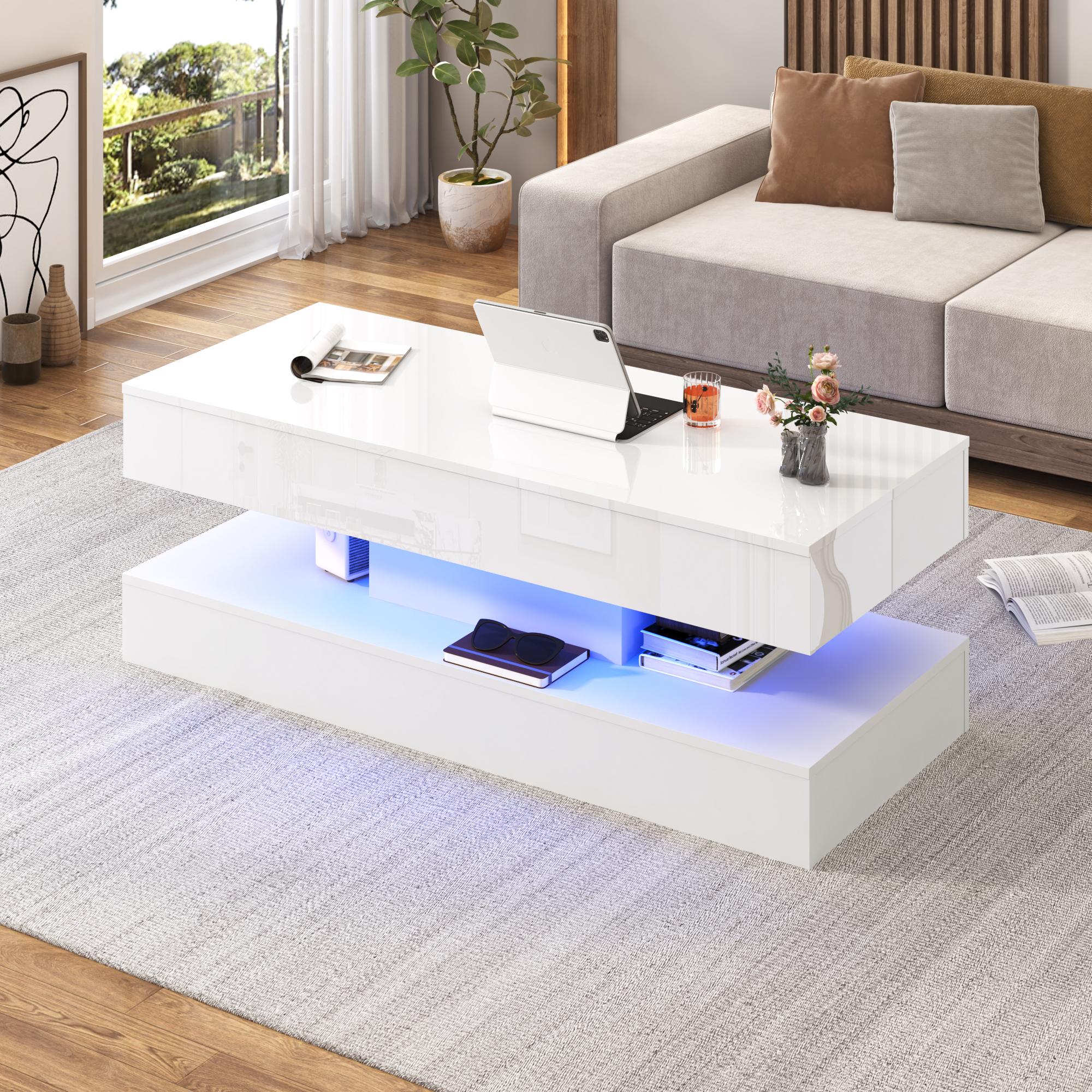 39.4"/47.2" Large Lift Top Coffee Table,Modern High Glossy LED Coffee Tables for Living Room with Storage,Black Living Room Tables for Living Room,Dining Room,Bedroom Home Office,APP LED Lights（Black/white）