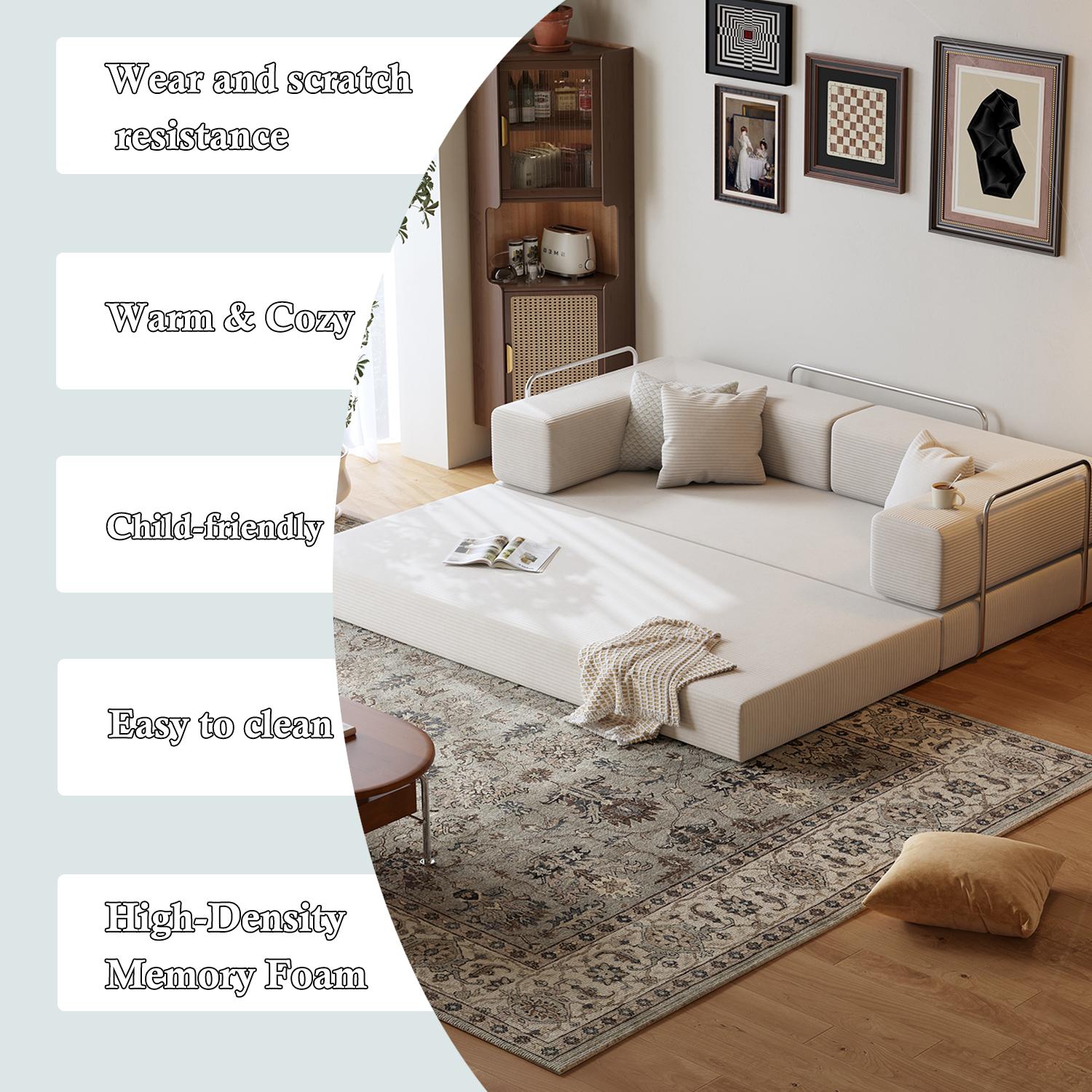 LODEIJA Compressed sofa, 80.3-inch convertible sofa bed, fixed frame, removable armrests, modular corduroy sofa bed, folding mattress sofa, suitable for living rooms and small spaces - no assembly required, includes two pillows.