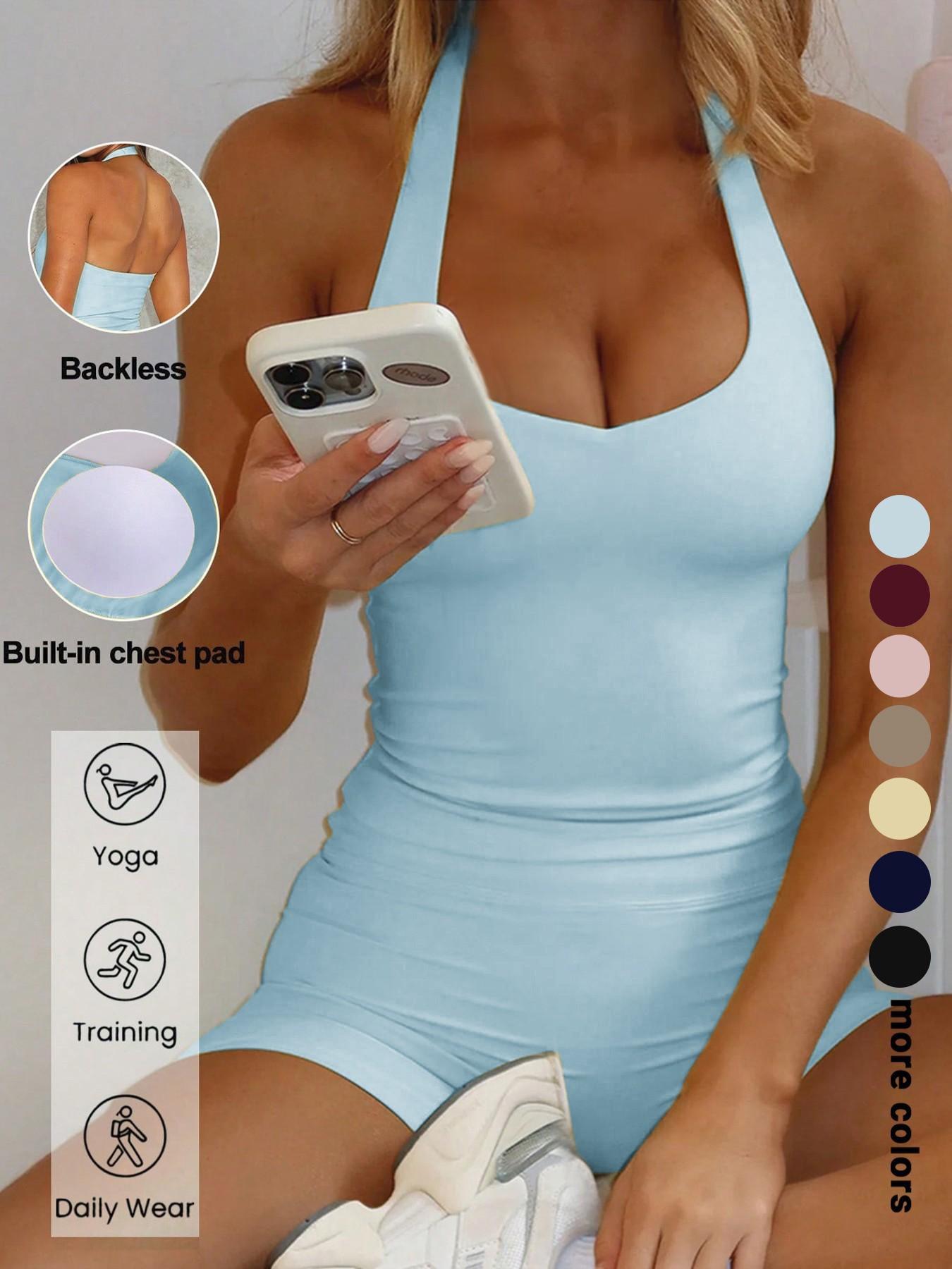 Sexy Backless Halter Top Set for Women, Seamless Tight-Fitting Shorts, Casual Yoga Running Pilates, Comfortable Daily Wear