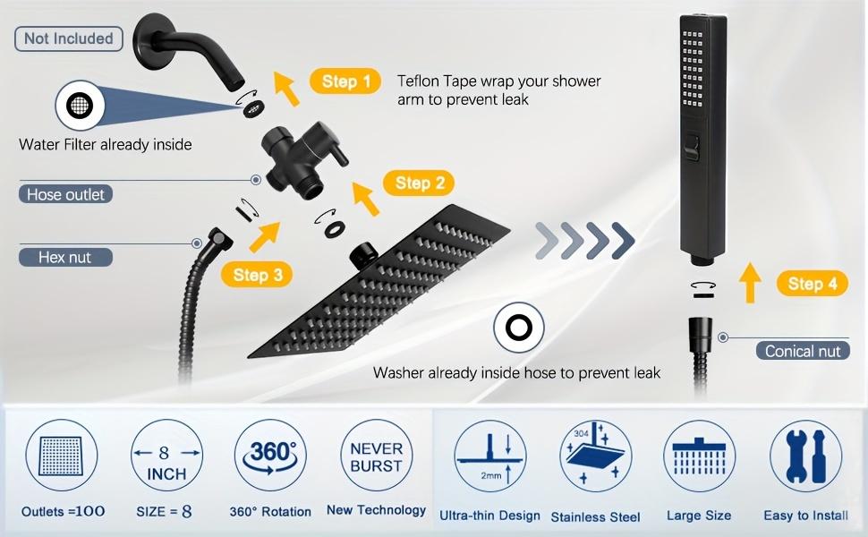 Shower Head, Rain Shower Head with Handheld,High Pressure 8" Rainfall StainlessSteel Shower Head /2 Settings Handheld Shower Combo with Shower Holder and 78"Explosion-Proof Hose Bathroom Waterfall Modern