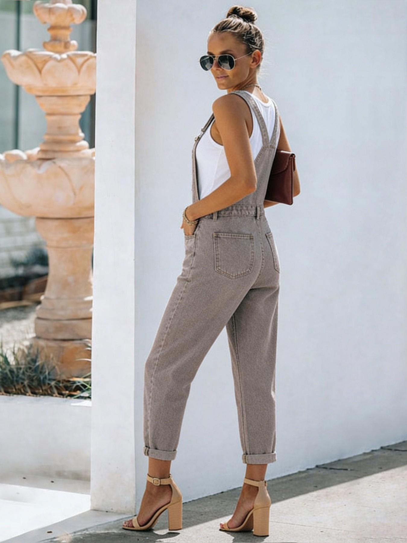 Summer New Denim Bib Pants Overalls Solid Color Loose Fit Women's Jeans Bib Pants Casual Daily Wear Versatile