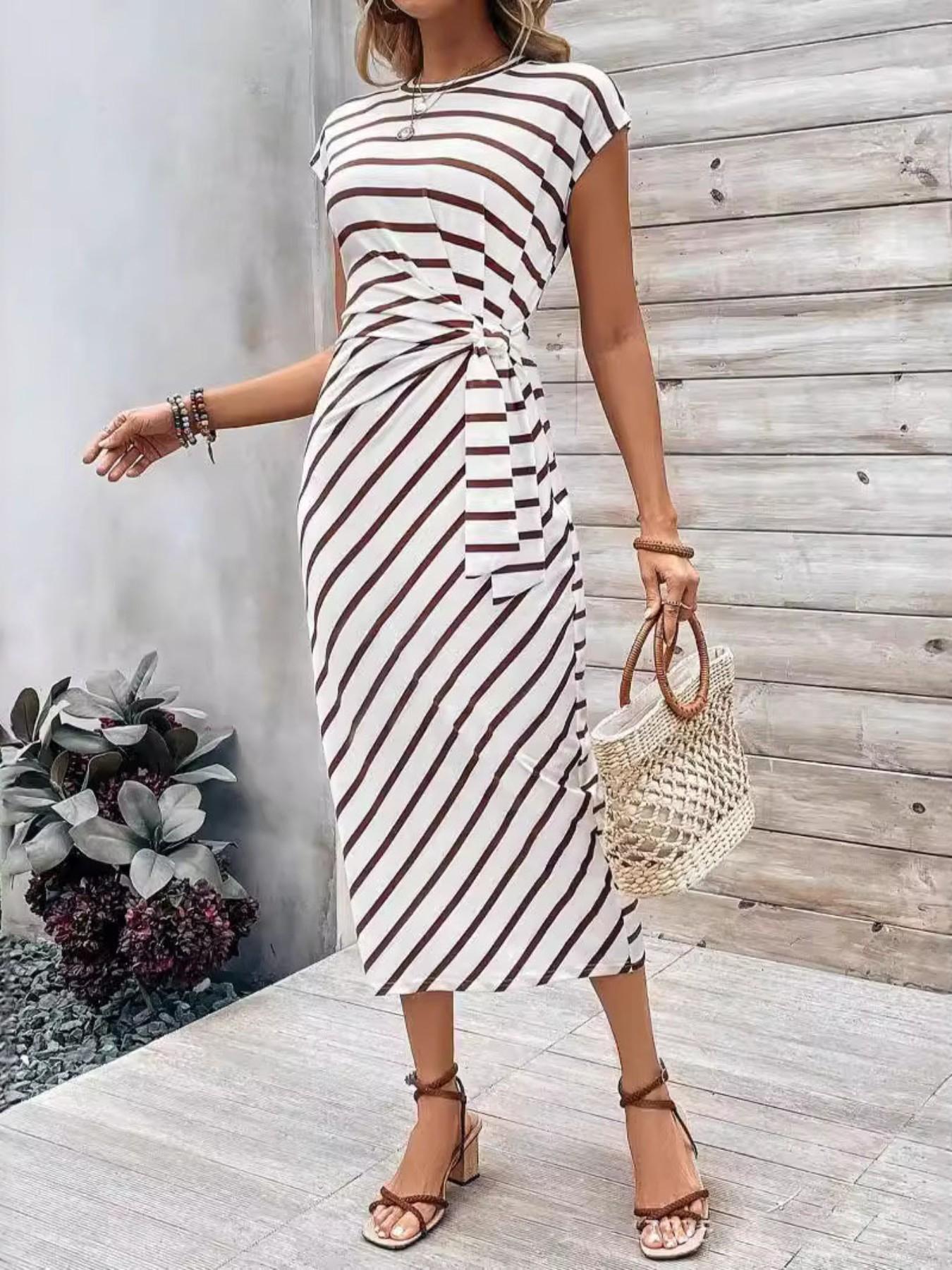 Elegant Waist Tie Striped Round Neck Short Sleeve Long Dress, Summer High-End Women's Fashion, Cross-Border Chic Clothing