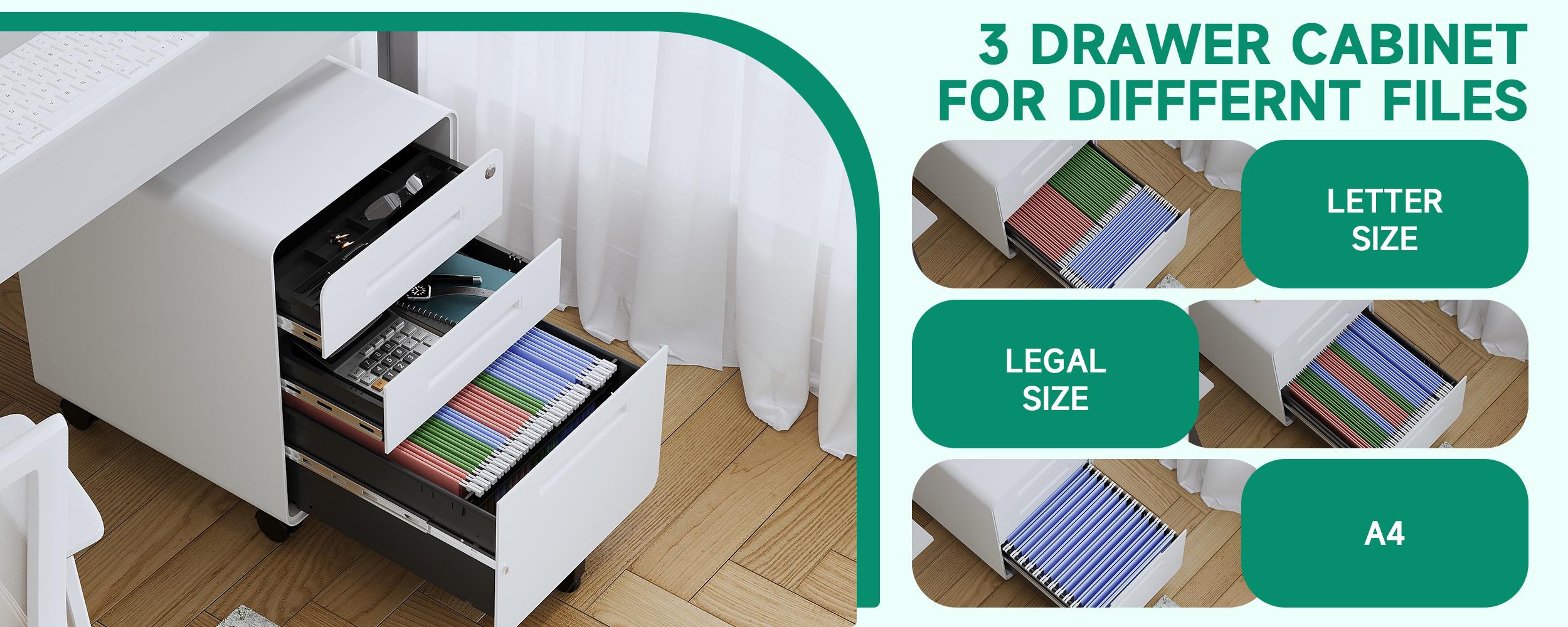 Letaya File Cabinet, 3 Drawer Filing Cabinets for Home Office with Lock Mobile Under Desk Fully Assembled Cabinet