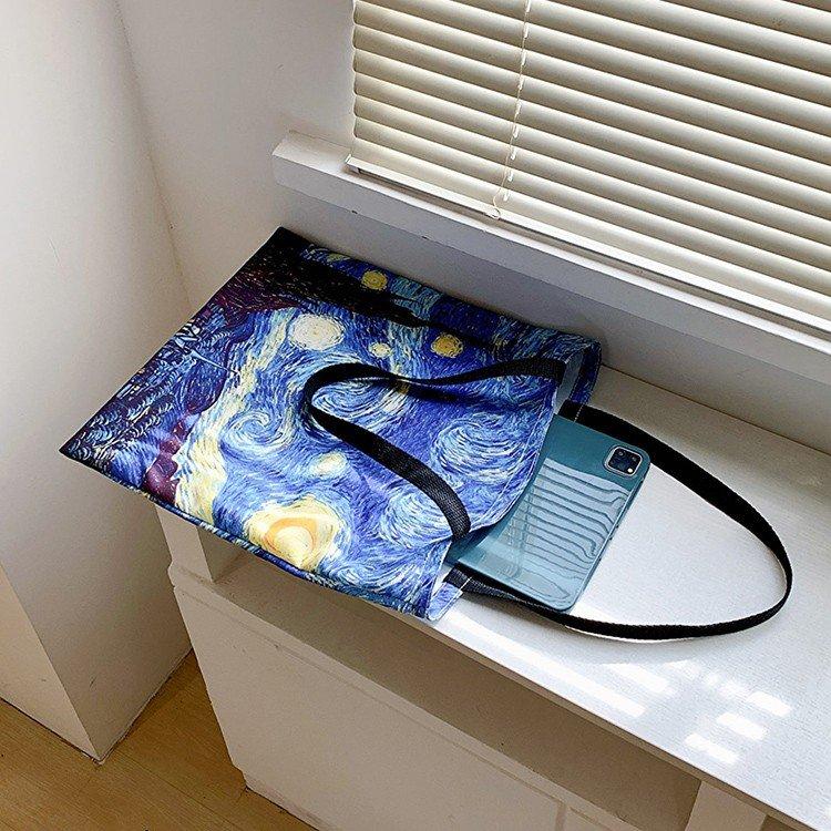 Van Gogh Starry Night Canvas Tote Bag, Vintage Retro Shoulder Bag, Large Capacity Commute School Shopping Bag, Style Van Gogh Tote