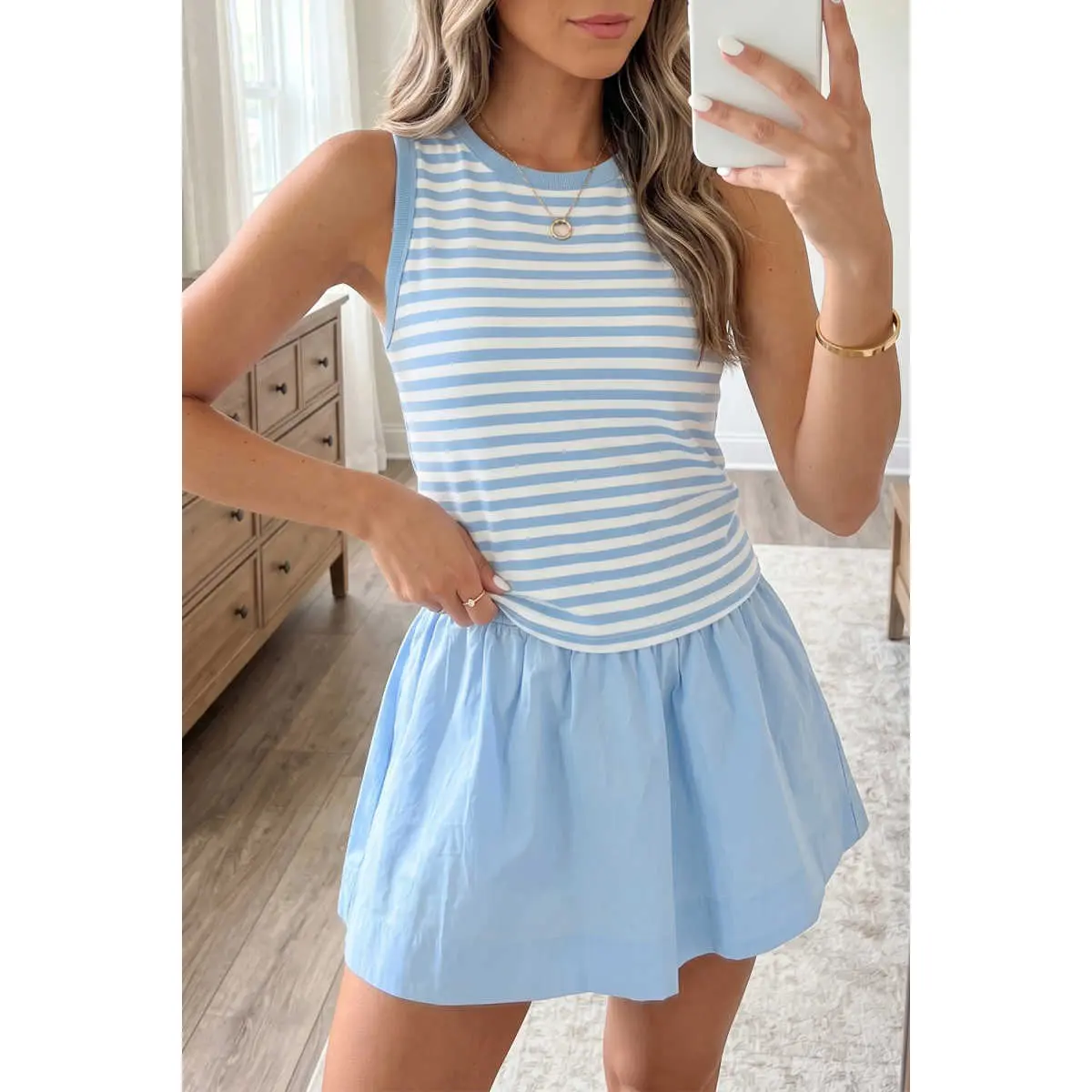 Sky Blue Stripe Slim Tank Contrast Ruffle Mini Skort Set, Adjustable, Elastic