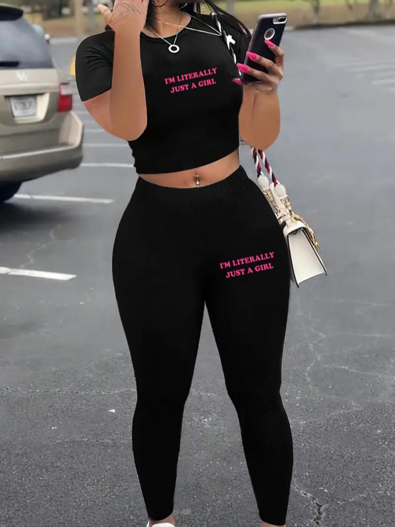 Two-Piece Set Women's Solid Crop Tee & Skinny Pants, Casual Fashion Cozy Round Neck Short Sleeve Top & Trousers for Daily Outdoor Wear, Ladies Clothes for Spring & Fall