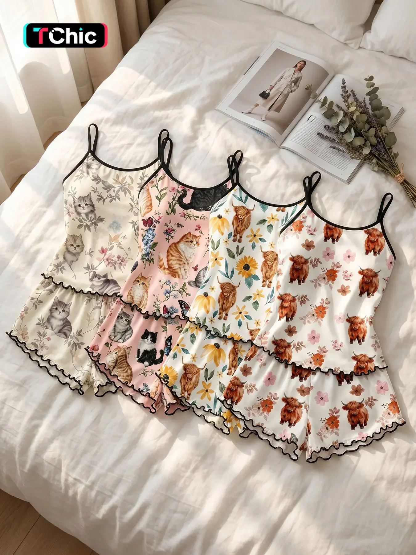 Women's 4 Piece Cami Top and Shorts Pajama Sets, All Season Wear, Cottagecore Farm Animal Floral Print, Cottagecore Aesthetic, Loose Fit for Home & Daily Wear