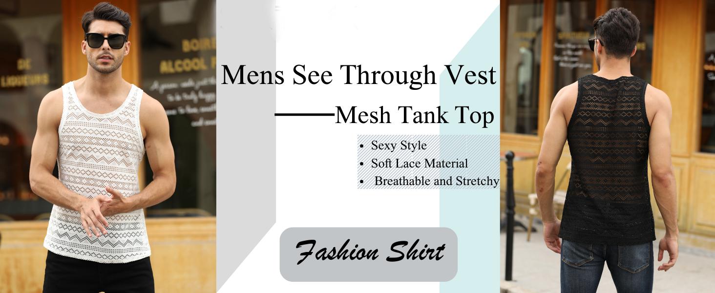 Runcati Mens See Through Vest Crewneck Sleeveless Tank Tops Muscle Sexy Mesh Shirts