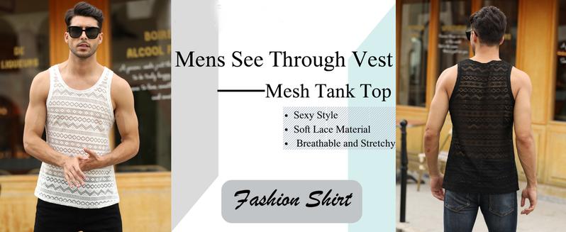 Runcati Mens See Through Vest Crewneck Sleeveless Tank Tops Muscle Sexy Mesh Shirts