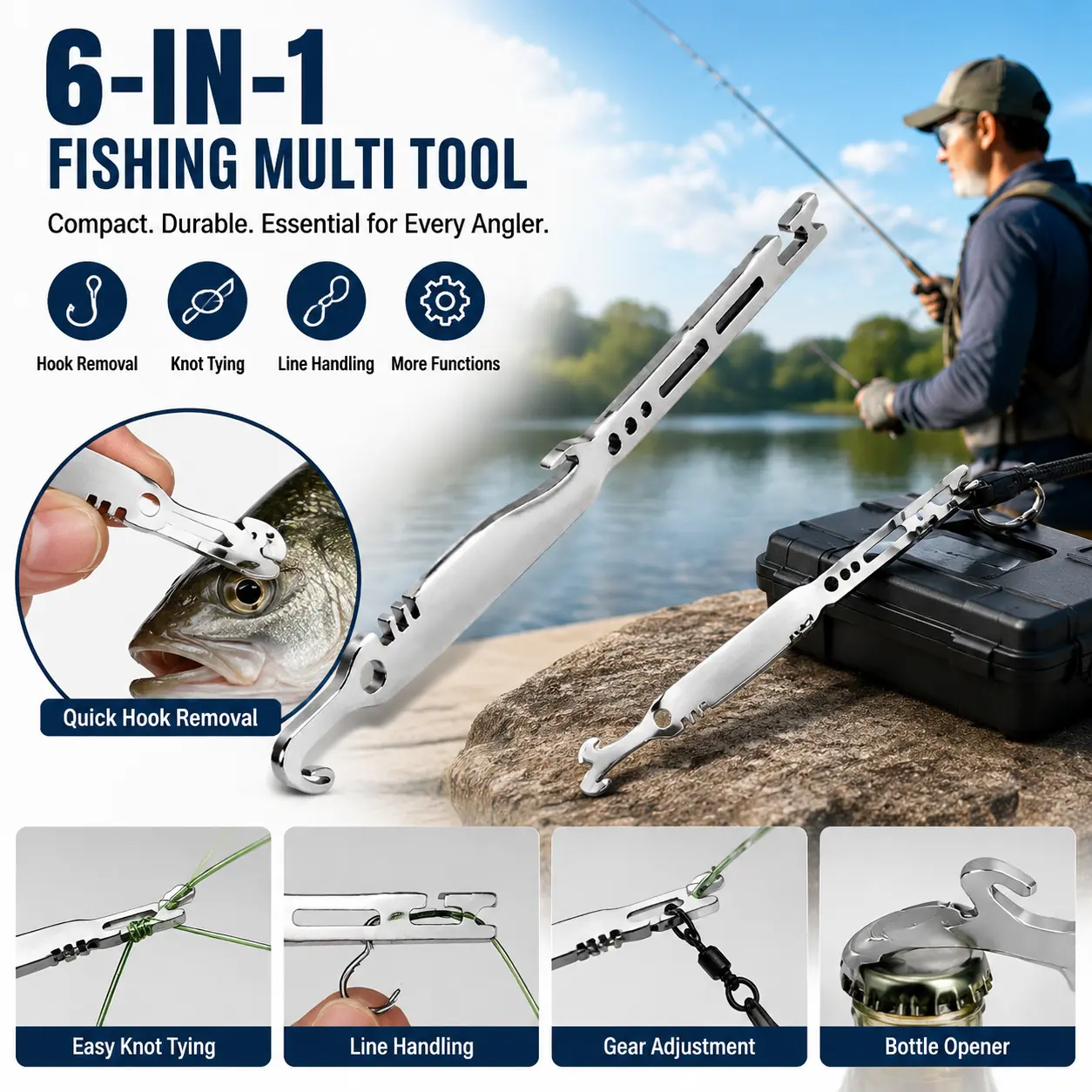 6-in-1 Stainless Steel Fishing Multi Tool Hook Remover and Knot Tyer, Fishing Knot Tying Tool, Quickly Fish Hook Remover Tool, Accessories Gift for Anglers
