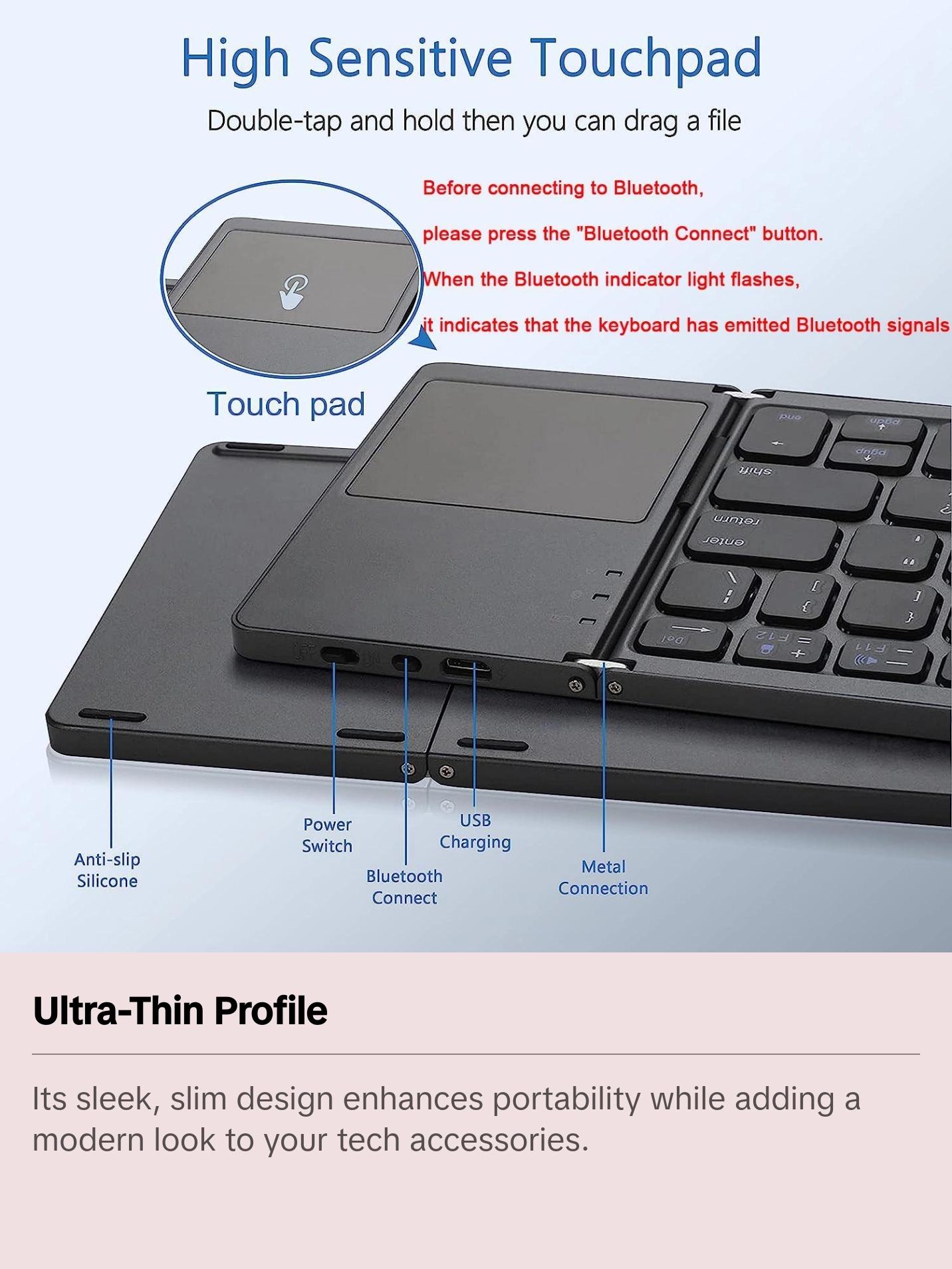 Ultra-Thin Wireless Mini Three-Fold BT-compatible Keyboard, Portable and Compact Design, Ideal for Travel and Daily Use, Easy Connectivity, Folding Wireless Keyboard Ultra-Thin Wireless Mini Three-Fold BT-compatible Keyboard, Portable and Compact Design, Ideal for Travel and Daily Use, Easy Connectivity, Folding Wireless Keyboard