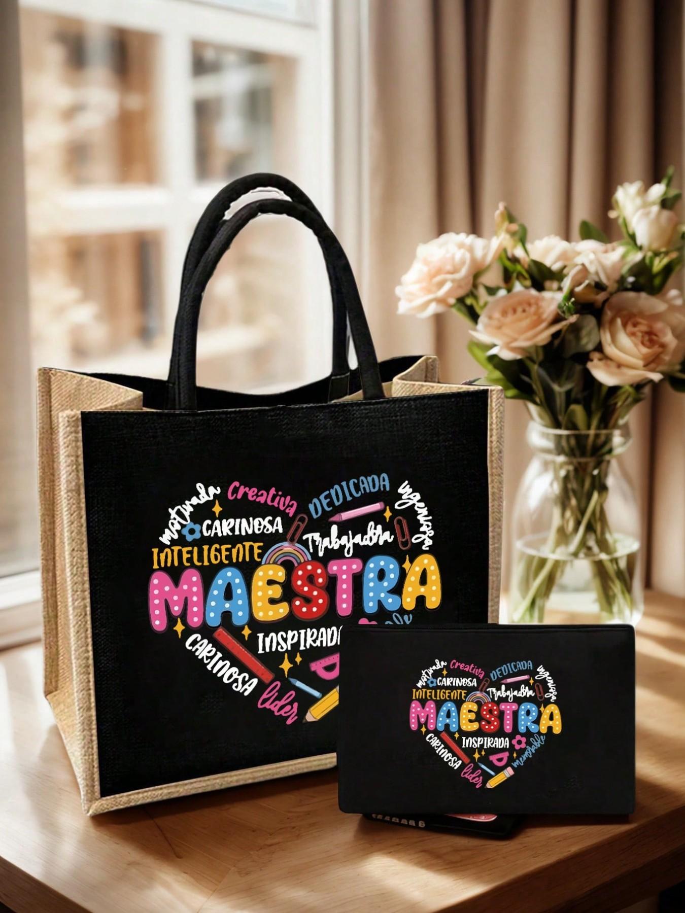 Maestra Theme Tote Bag and Makeup Pouch Set, Heart, Pencil, Ruler, Flower, Paperclip Patterns, Large Capacity Linen Shopping Bag, Skincare Organizer