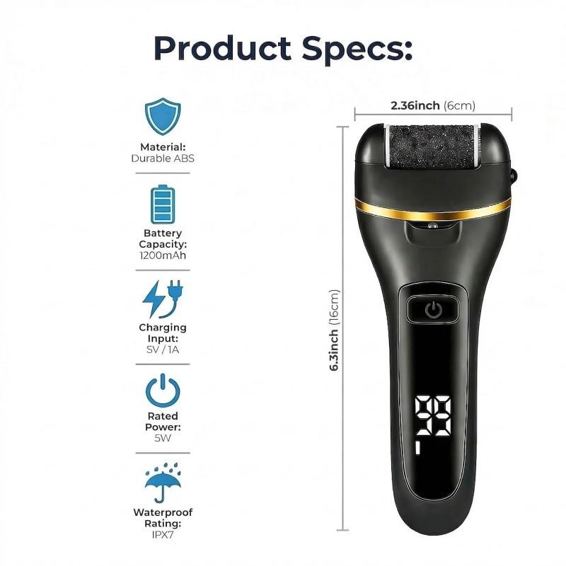 Electric Foot Exfoliator Kit, Rechargeable Nail Care Tool, 3 Rollers, 2 Speeds, Battery Display, Removes Dry Heels, Calluses, Dead Skin