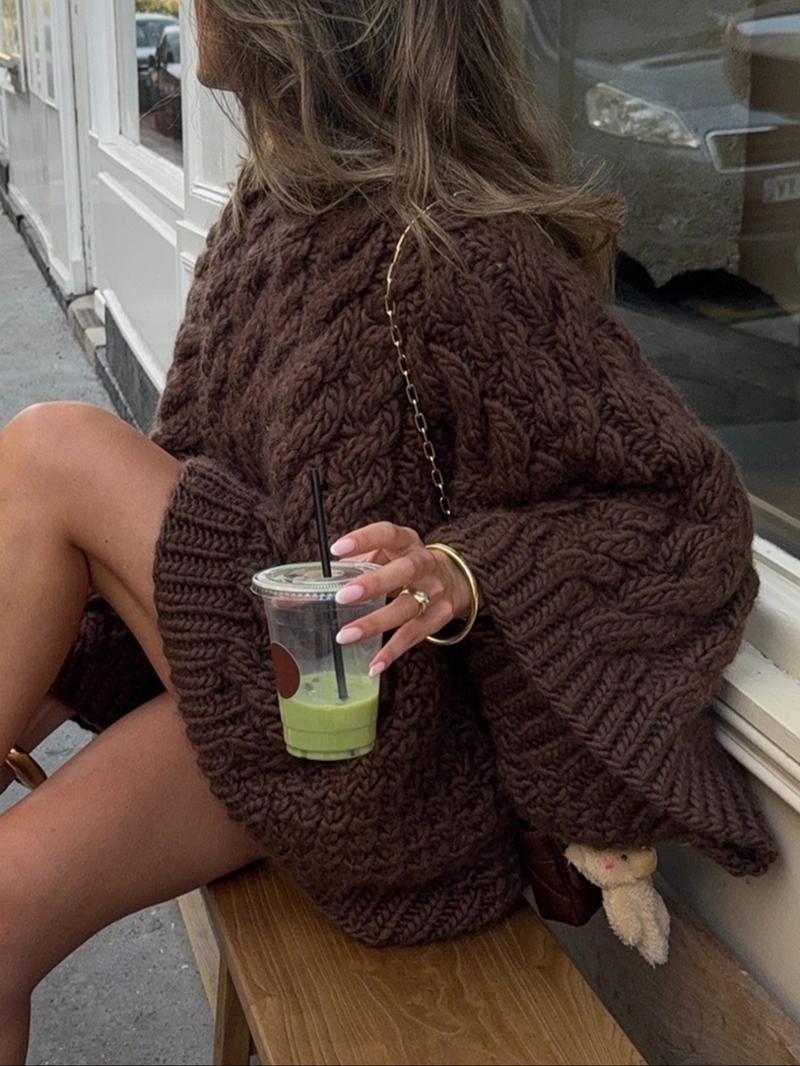 Women's Casual Plain Color Loose-Fit Sweater, Round Neck Long Sleeve Knitwear for Fall and Winter Daily Wear