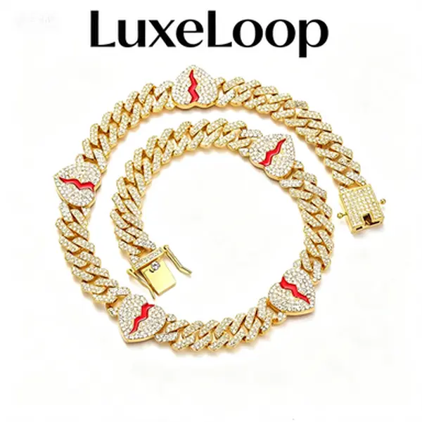 LuxeLoop Trendy 10MM Broken Heart Cuban Link Chain for Men Women, Iced Out Red Enamel Cubic Zirconia Chunky Link Necklace and Bracelet, Gold Silver Plated Unisex Hip Hop Stackable Streetwear Accessory