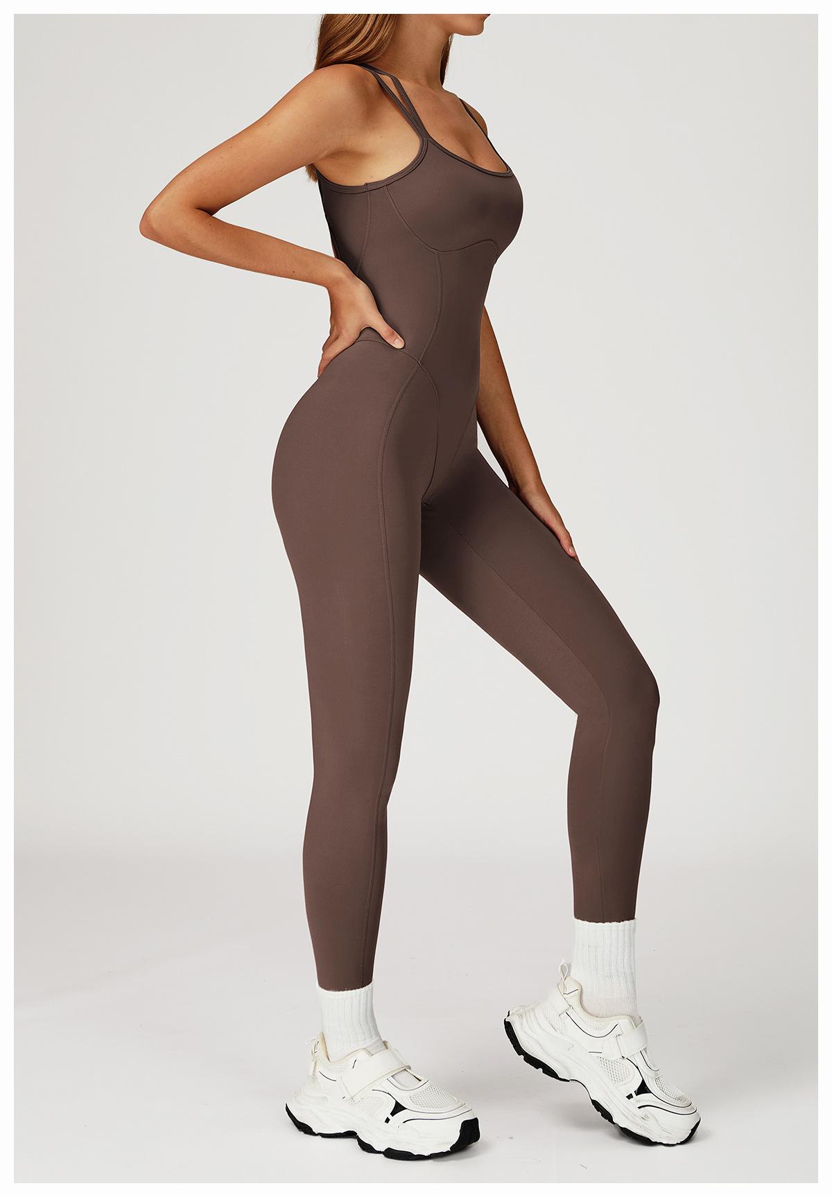 Nude-feel one-piece bodysuit with cross-back design, slim-fit yoga wear for outdoor running and fitness activities