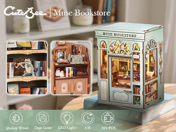 CUTEBEE DIY 3D Book Nook Kit Muse Bookstore – Miniature Wooden House Dollhouse, Handmade Creative Bookshelf Decor | Holiday, Christmas and Black Friday Gift for Adults