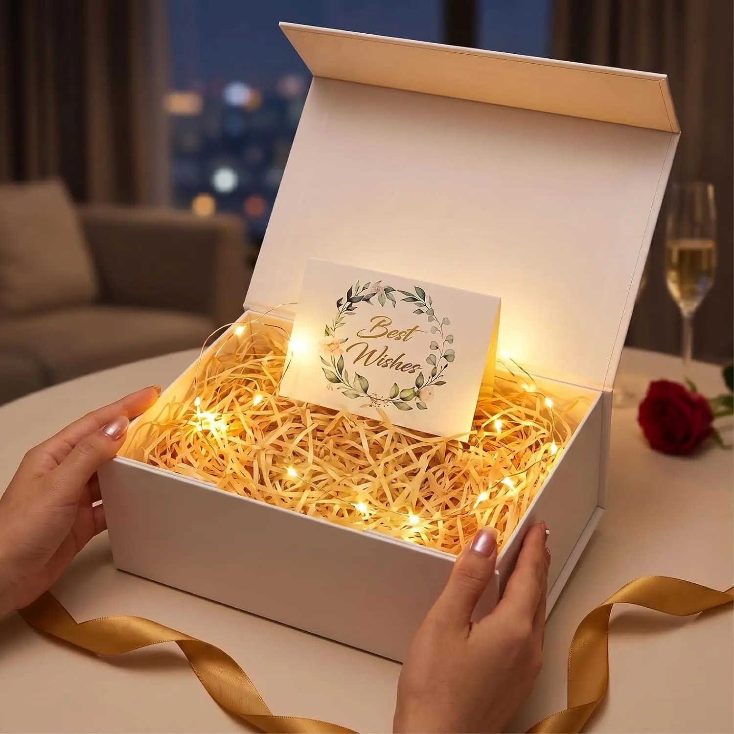 White  Box, 9.5x6x3''  boxes for Presents with  |  Closure, Rectangle Collapsible, For Bridesmaid Proposal, Christmas, Birthday Packaging, Contains Fairy Lights