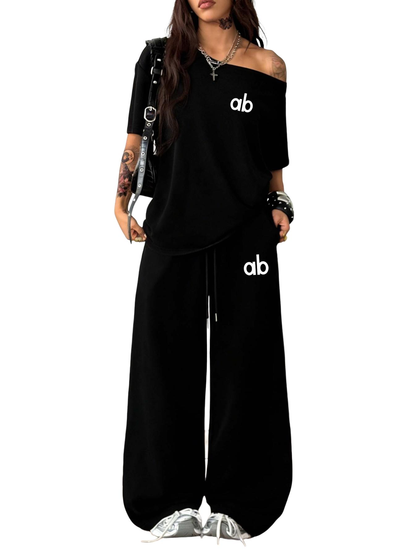 Women ab Letter Print Off-Shoulder Oversized T-Shirt & Wide Leg Pants Two Piece Set, Womenswear, Loose Fit, Soft Breathable Cotton Fabric, Perfect for Street Style, Daily Errands & Casual Lounging, Clothes
