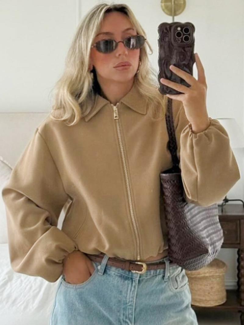 Casual Crop Oversized Puff Jacket Jacket Women's Jacket Spring 2026 Beige Khaki Black Outerwears Zip-Up Lapel Collar Long Sleeve Tops Streetwear Outfits & Weekend Hangouts Coat