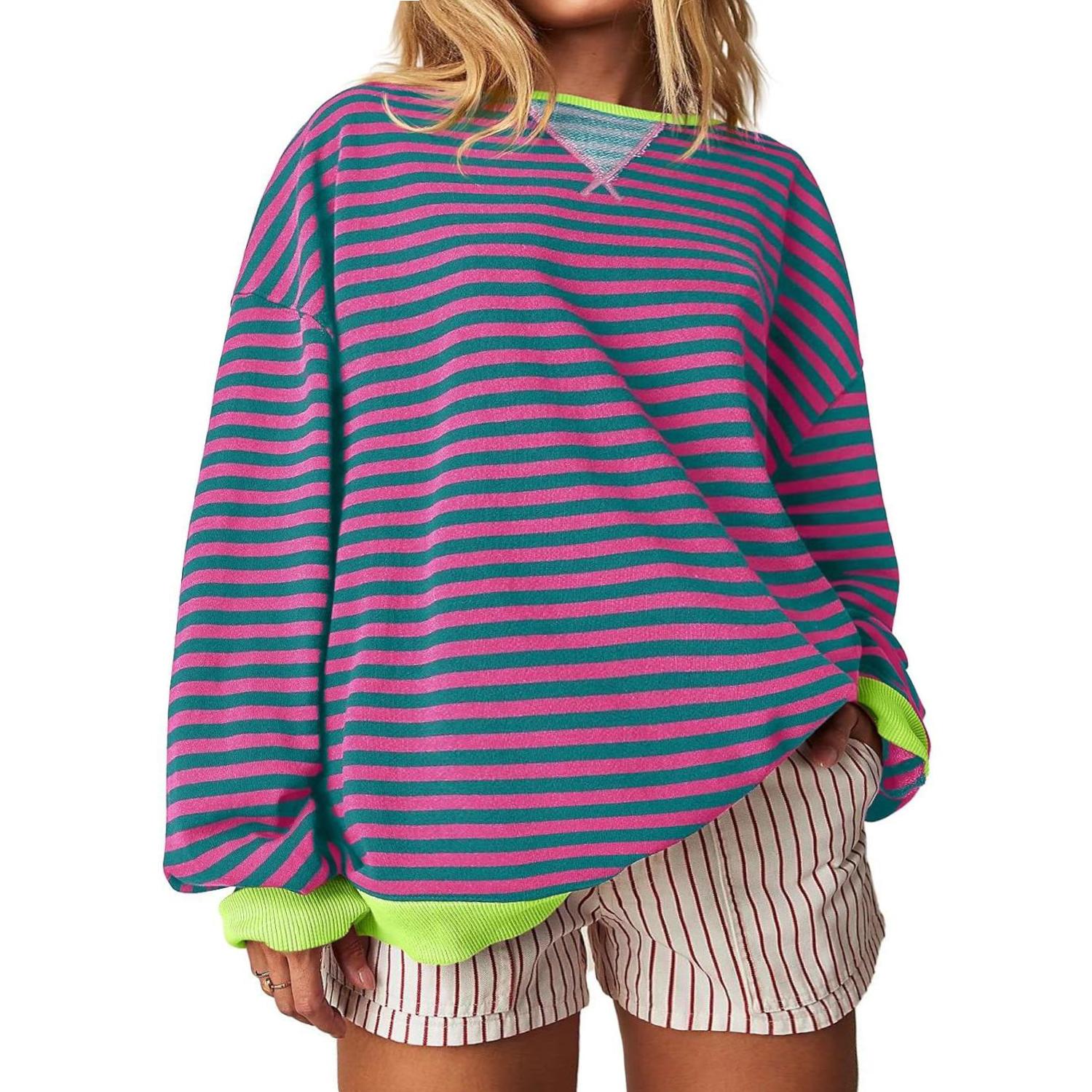 【Plus Size】Imily Bela Womens  Striped Oversized Sweatshirt Color Block Crew Neck Long Sleeve Shirt Casual Loose Pullover Top Y2K Clothes