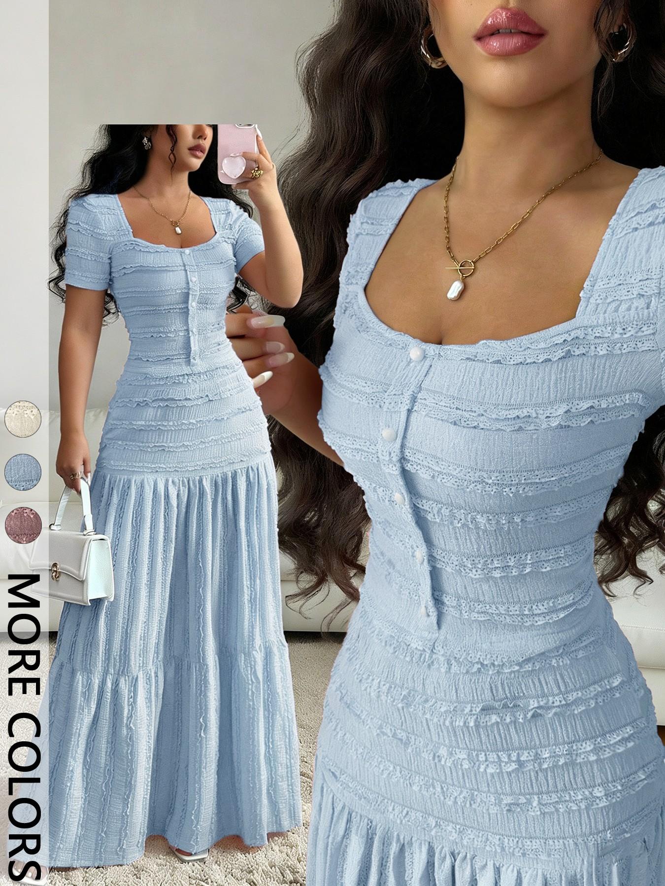 Women's Casual Elegant Party Sweet Cute Short Sleeve Square Neck T-Shirt and Half Skirt Set, Spring & Fall Fashion