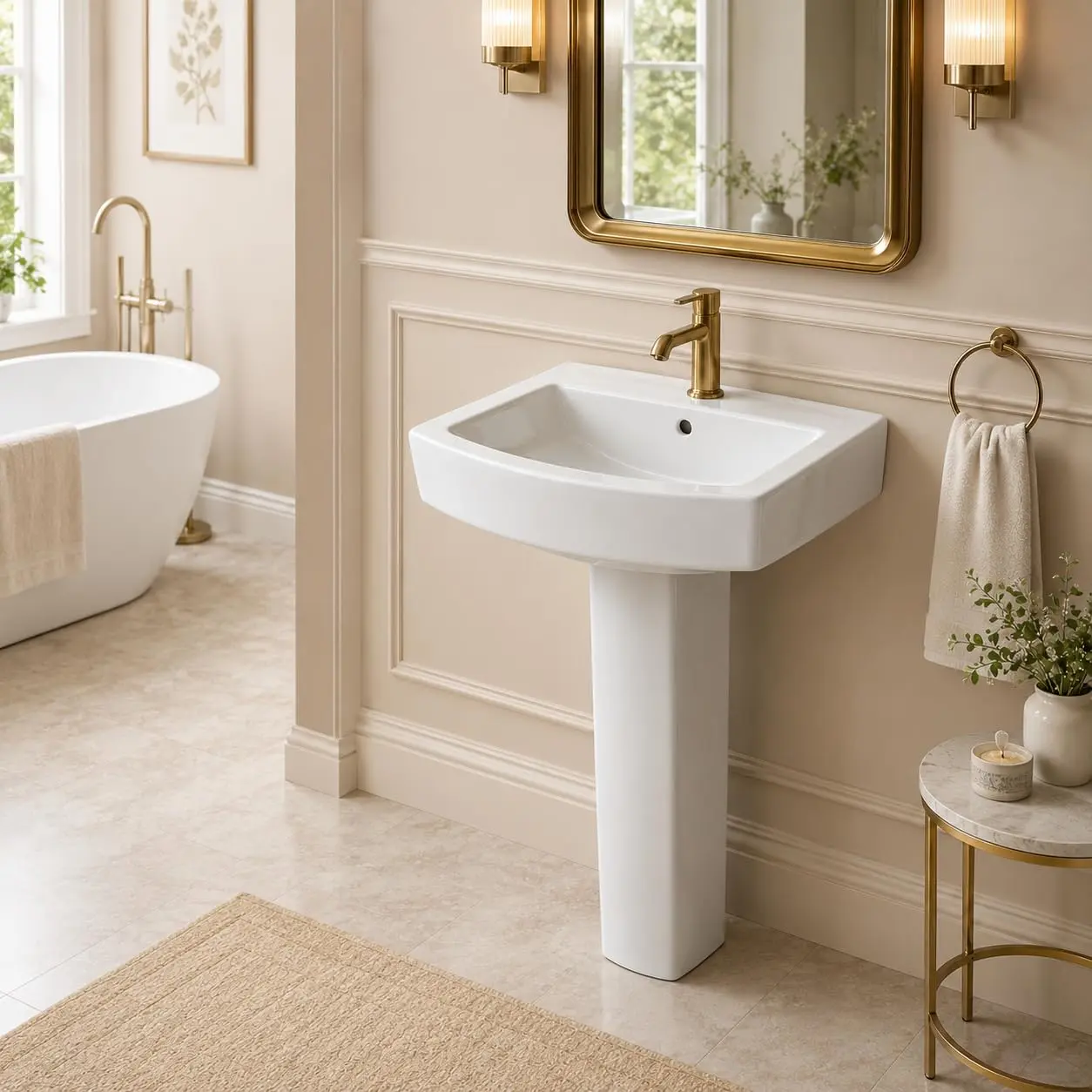 Gaomon Ceramic Pedestal Bathroom Sink - Freestanding Square Design, Glossy Finish, Classic Style, Single-Hole Faucet Drilling